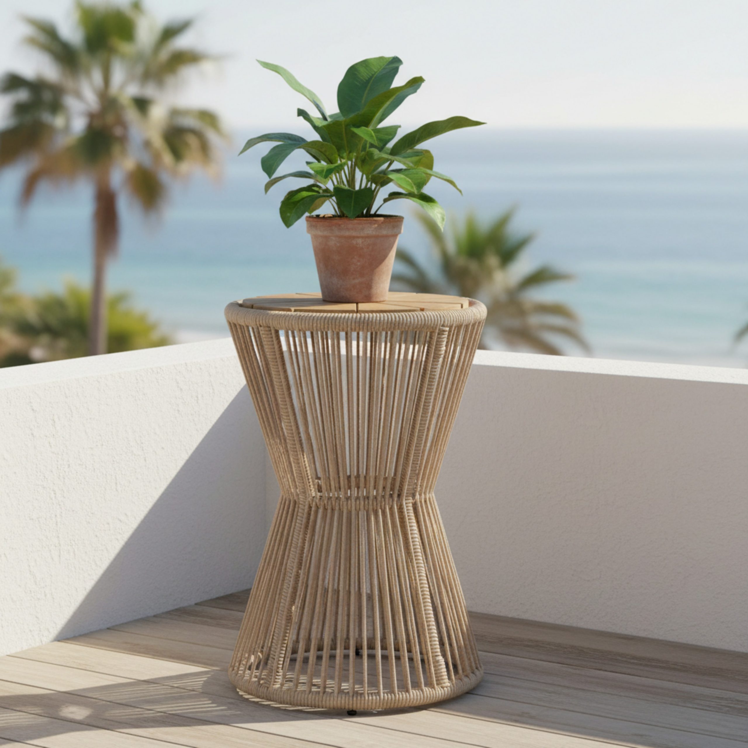 Outdoor Side Table, Beige Rope and Light Teak Finish, 25.80" Height, 16.14" Diameter, Elegant Long Hourglass Design, Weather Resistant, for Patio, Deck, Garden, Balcony, Modern Minimalist Style - Image 4