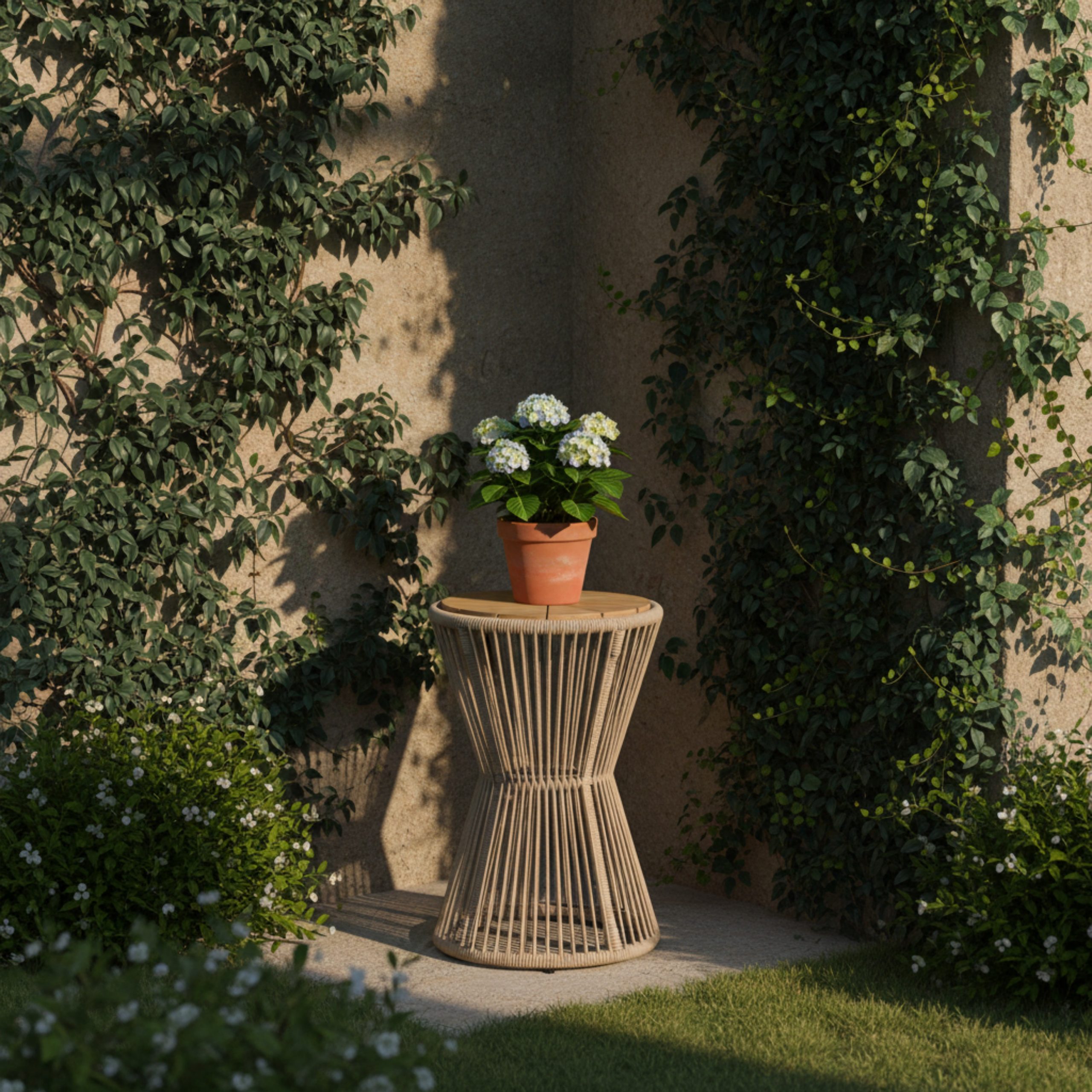 Outdoor Side Table, Beige Rope and Light Teak Finish, 25.80" Height, 16.14" Diameter, Elegant Long Hourglass Design, Weather Resistant, for Patio, Deck, Garden, Balcony, Modern Minimalist Style - Image 5
