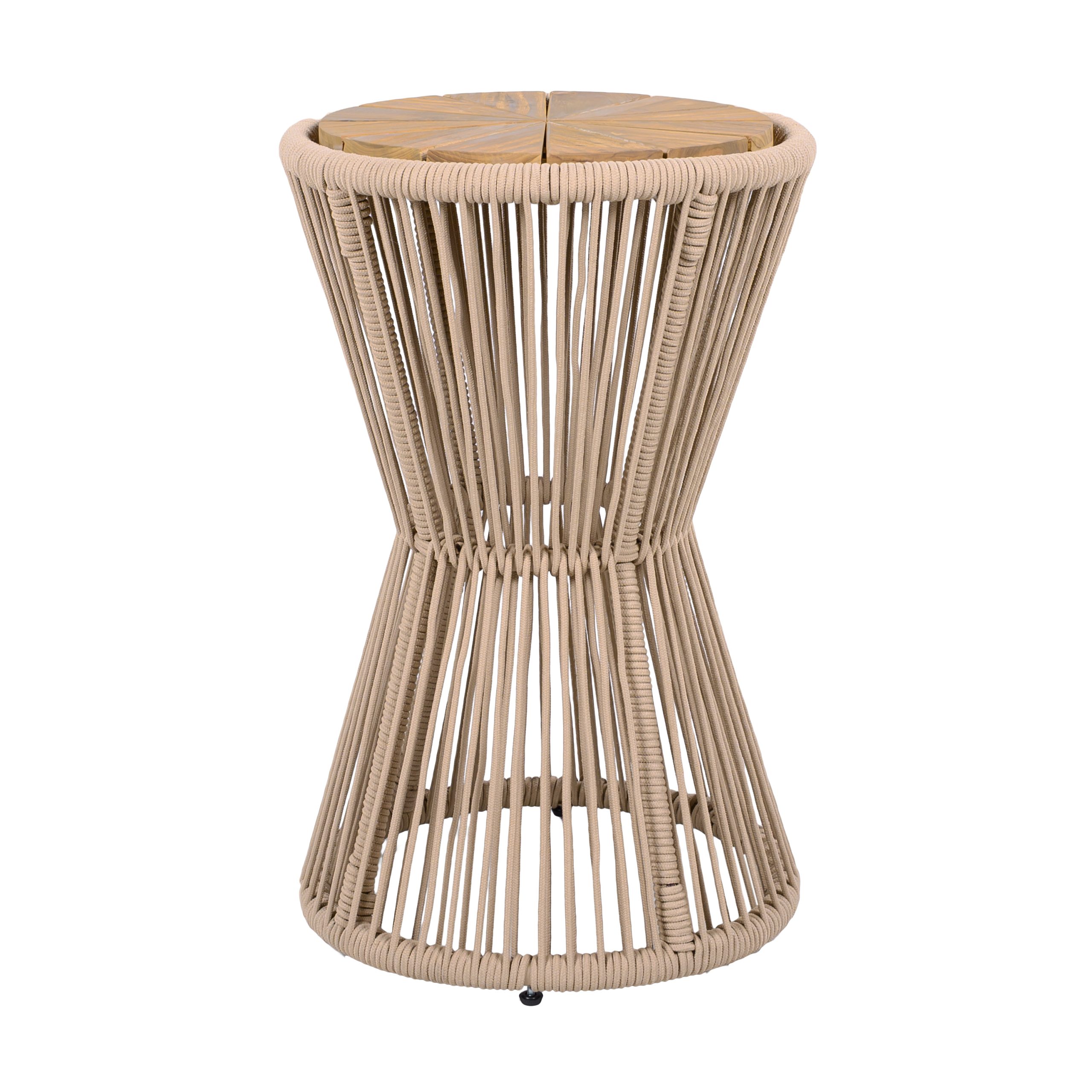 Outdoor Side Table, Beige Rope and Light Teak Finish, 25.80" Height, 16.14" Diameter, Elegant Long Hourglass Design, Weather Resistant, for Patio, Deck, Garden, Balcony, Modern Minimalist Style - Image 6