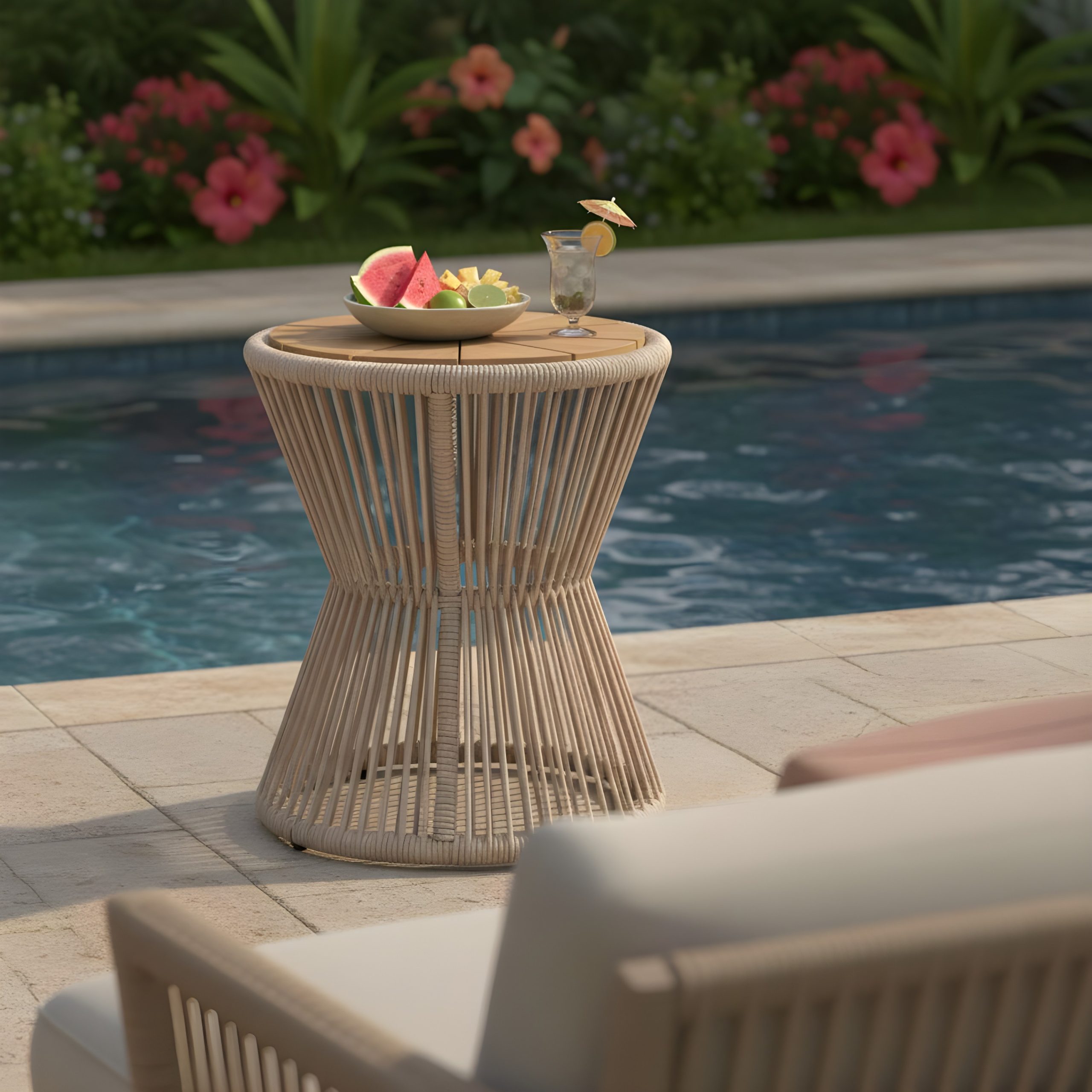 Outdoor Side Table, Beige Rope & Light Teak Finish, 18.90" Height, 16.14" Diameter, Elegant Hourglass Design, Weather Resistant, for Patio, Deck, Garden, Balcony, Modern Minimalist Style - Image 3