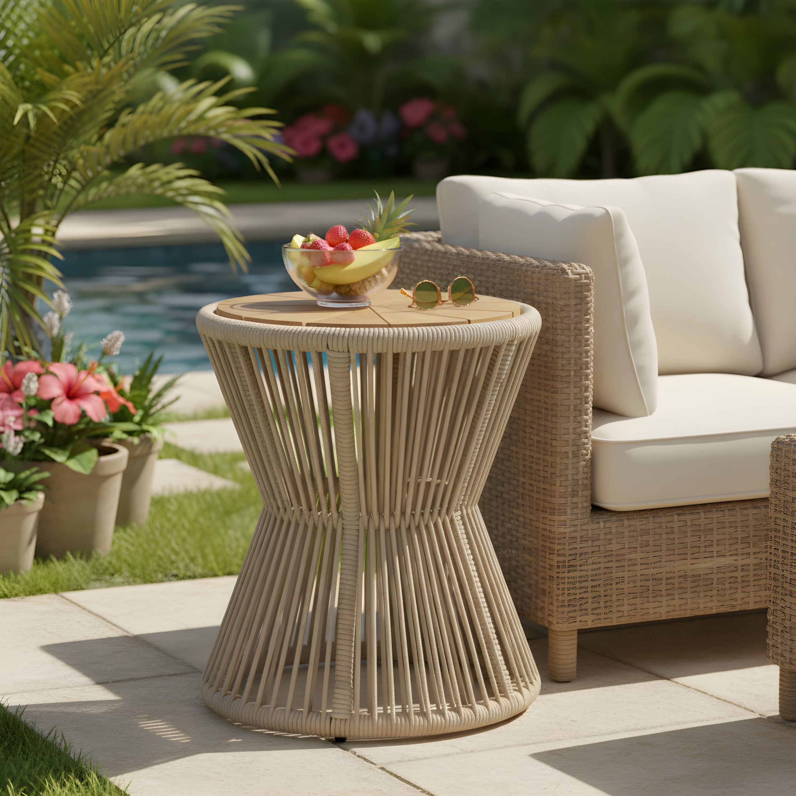 Outdoor Side Table, Beige Rope & Light Teak Finish, 18.90" Height, 16.14" Diameter, Elegant Hourglass Design, Weather Resistant, for Patio, Deck, Garden, Balcony, Modern Minimalist Style - Image 4