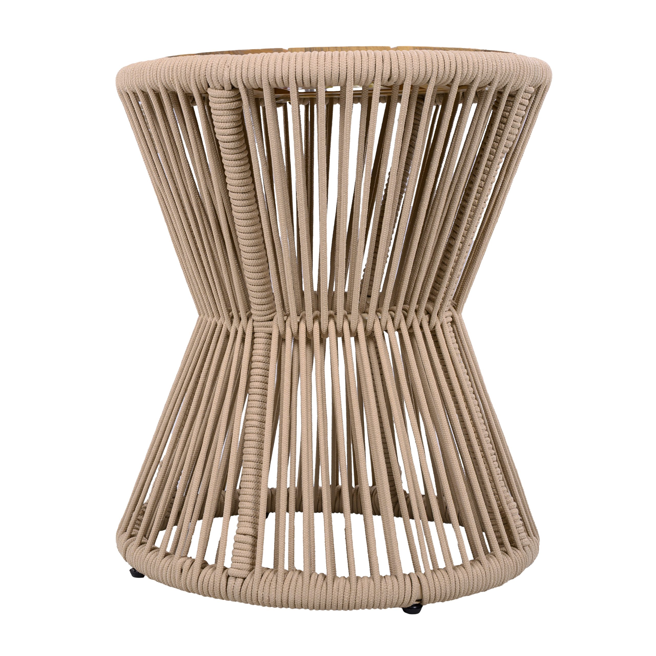 Outdoor Side Table, Beige Rope & Light Teak Finish, 18.90" Height, 16.14" Diameter, Elegant Hourglass Design, Weather Resistant, for Patio, Deck, Garden, Balcony, Modern Minimalist Style - Image 5