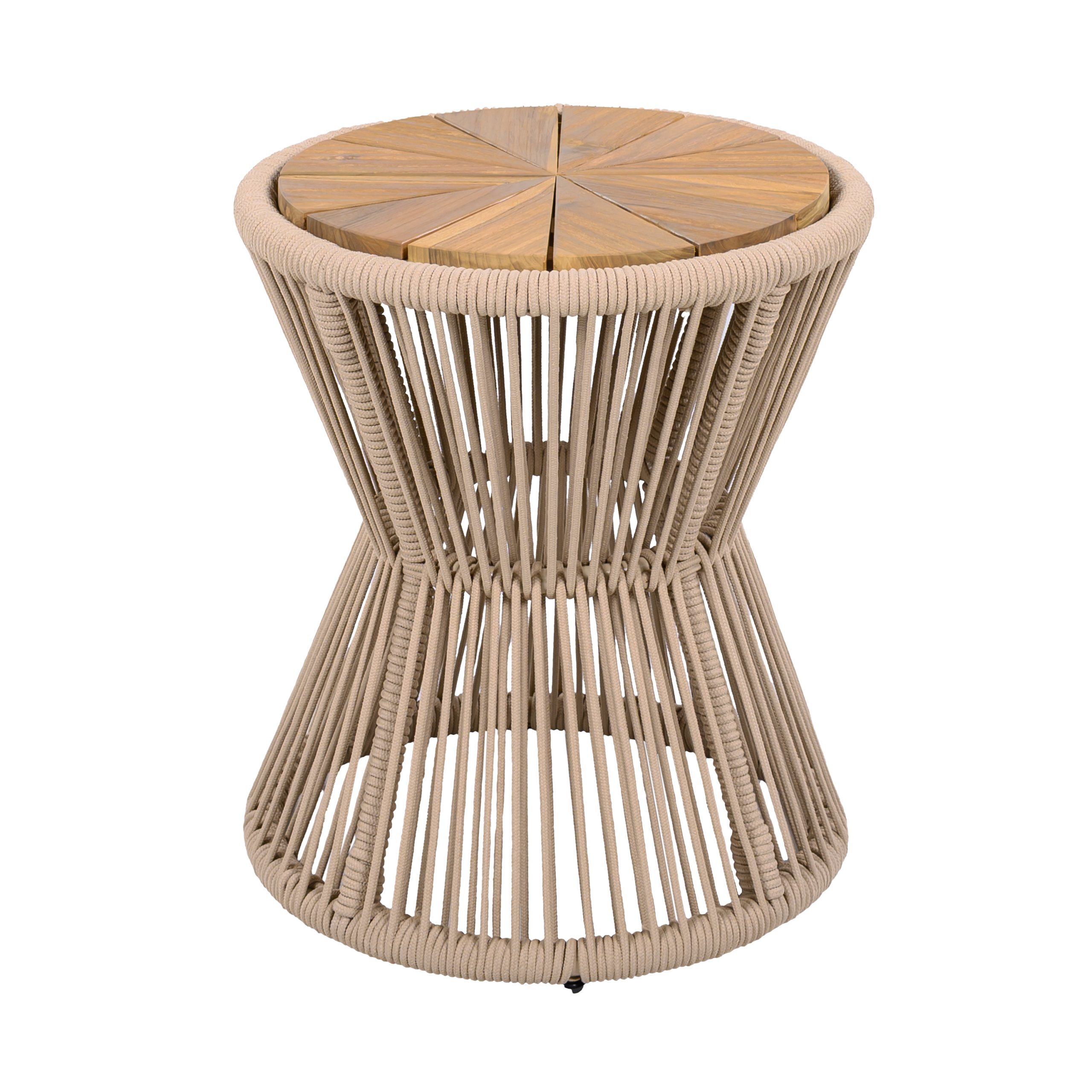 Outdoor Side Table, Beige Rope & Light Teak Finish, 18.90" Height, 16.14" Diameter, Elegant Hourglass Design, Weather Resistant, for Patio, Deck, Garden, Balcony, Modern Minimalist Style - Image 6