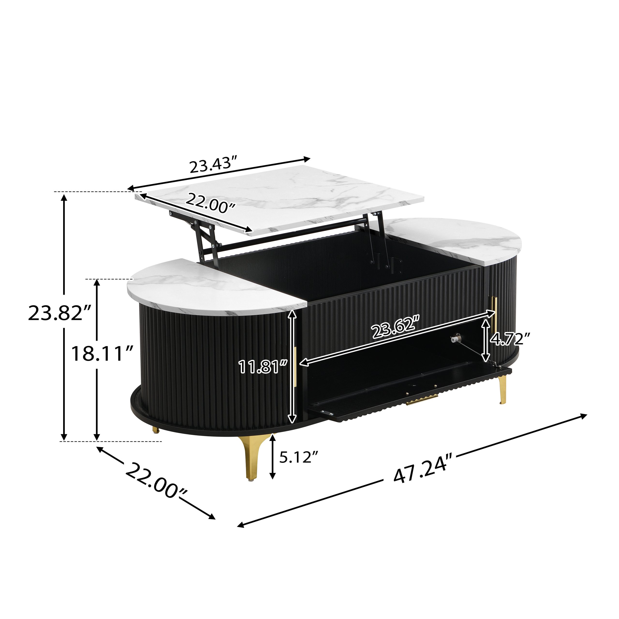 Lift-Top Coffee Table with Storage: Black Oval Base, White Marble Top, Gold Metal Legs, Modern Contemporary Living Room Furniture - Image 2