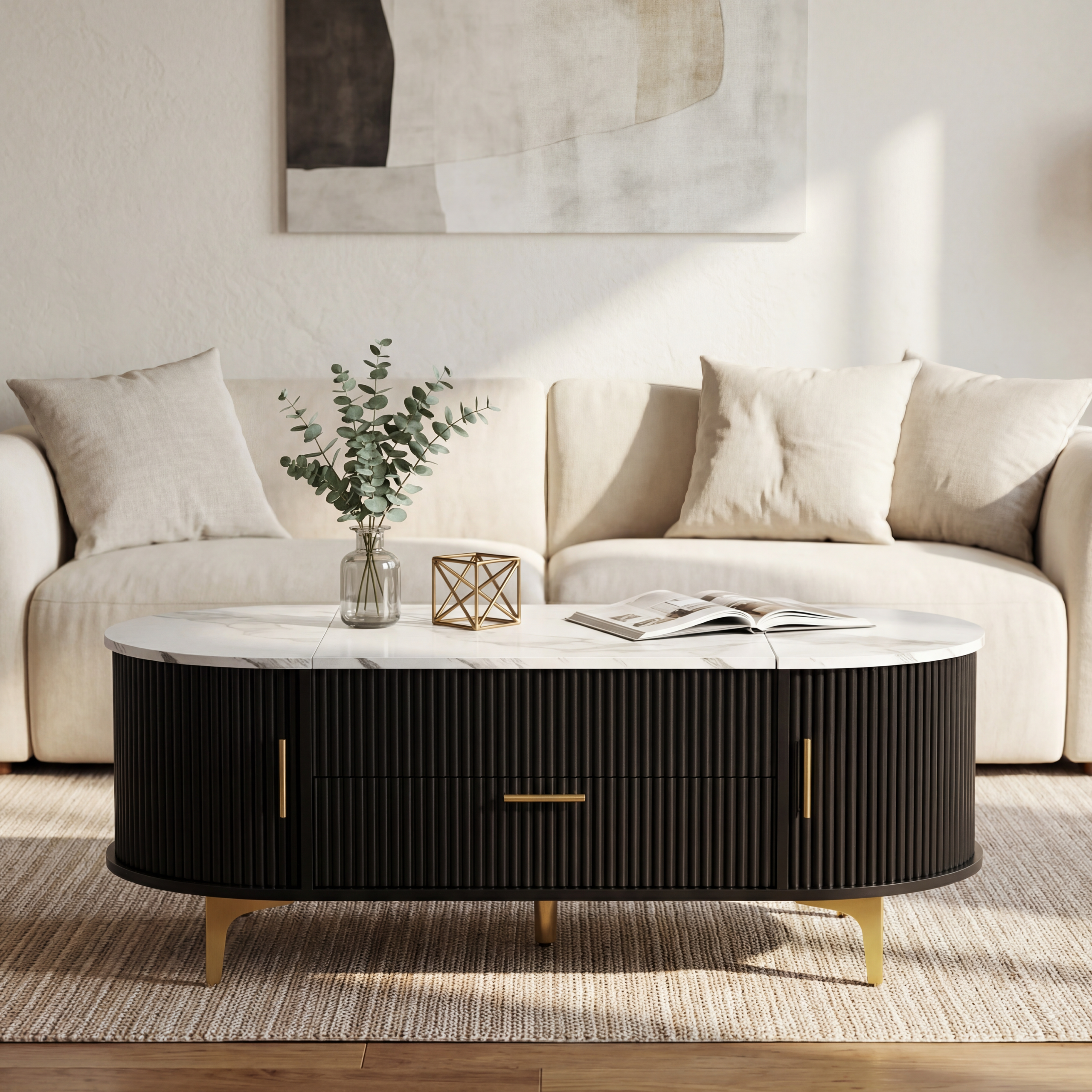 Lift-Top Coffee Table with Storage: Black Oval Base, White Marble Top, Gold Metal Legs, Modern Contemporary Living Room Furniture - Image 3