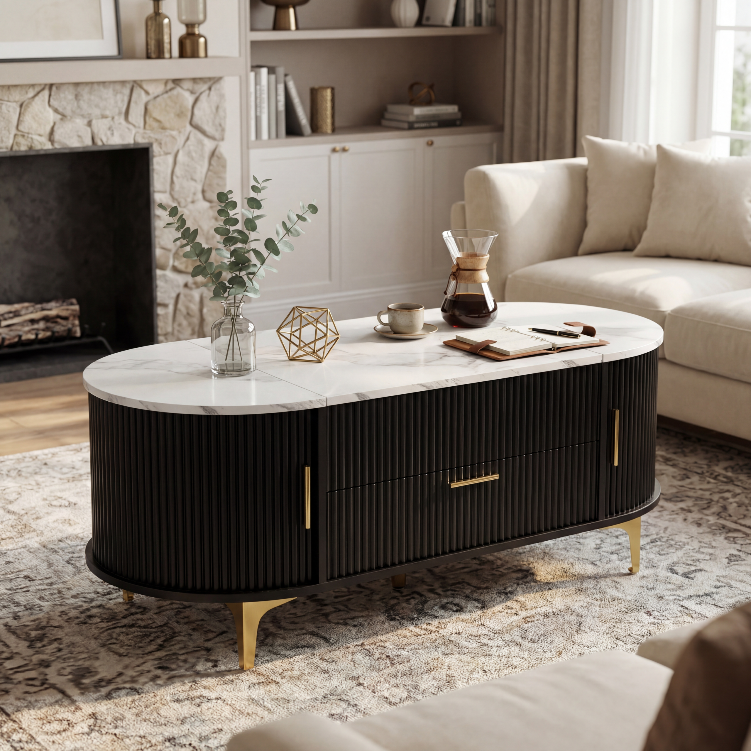 Lift-Top Coffee Table with Storage: Black Oval Base, White Marble Top, Gold Metal Legs, Modern Contemporary Living Room Furniture - Image 4