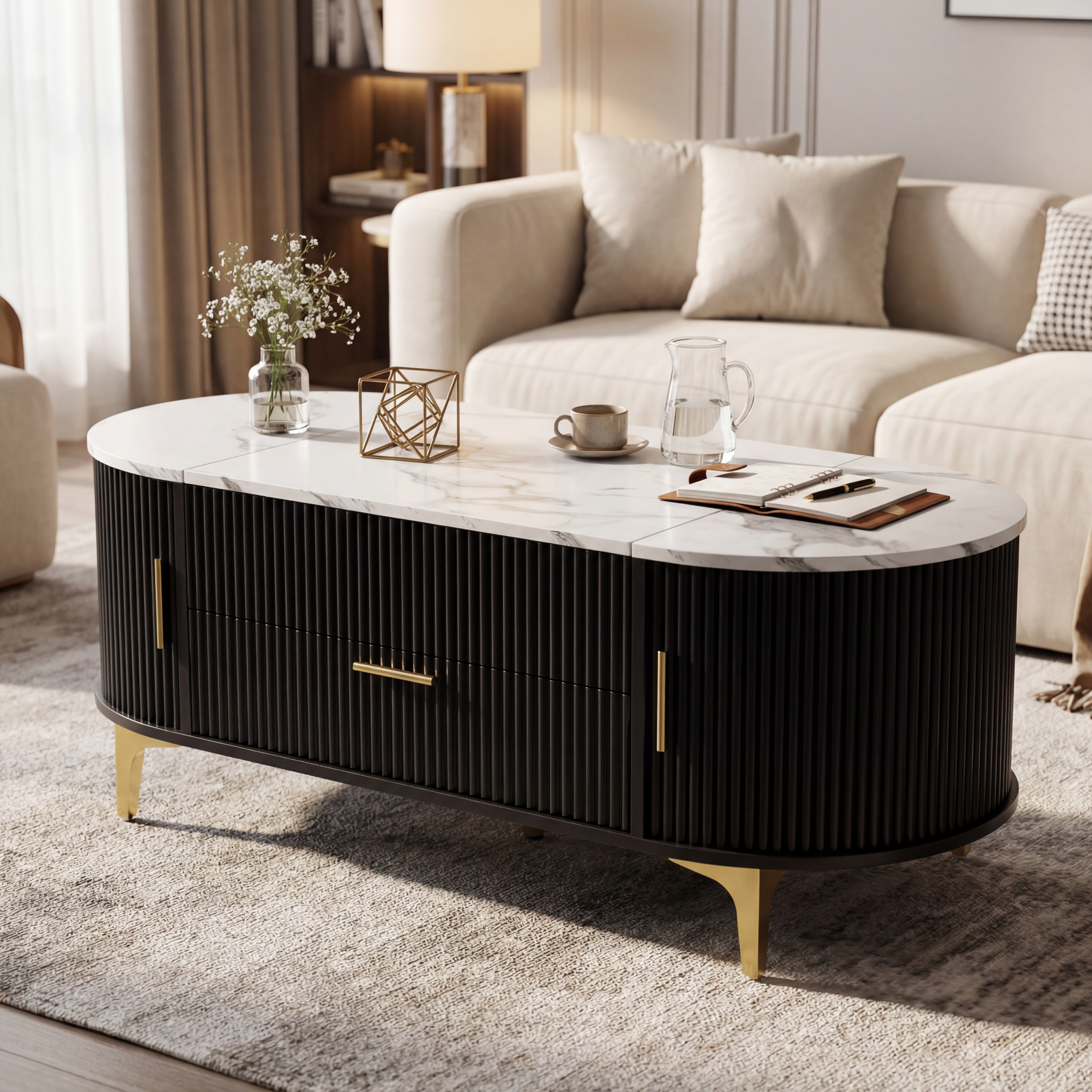 Lift-Top Coffee Table with Storage: Black Oval Base, White Marble Top, Gold Metal Legs, Modern Contemporary Living Room Furniture - Image 5
