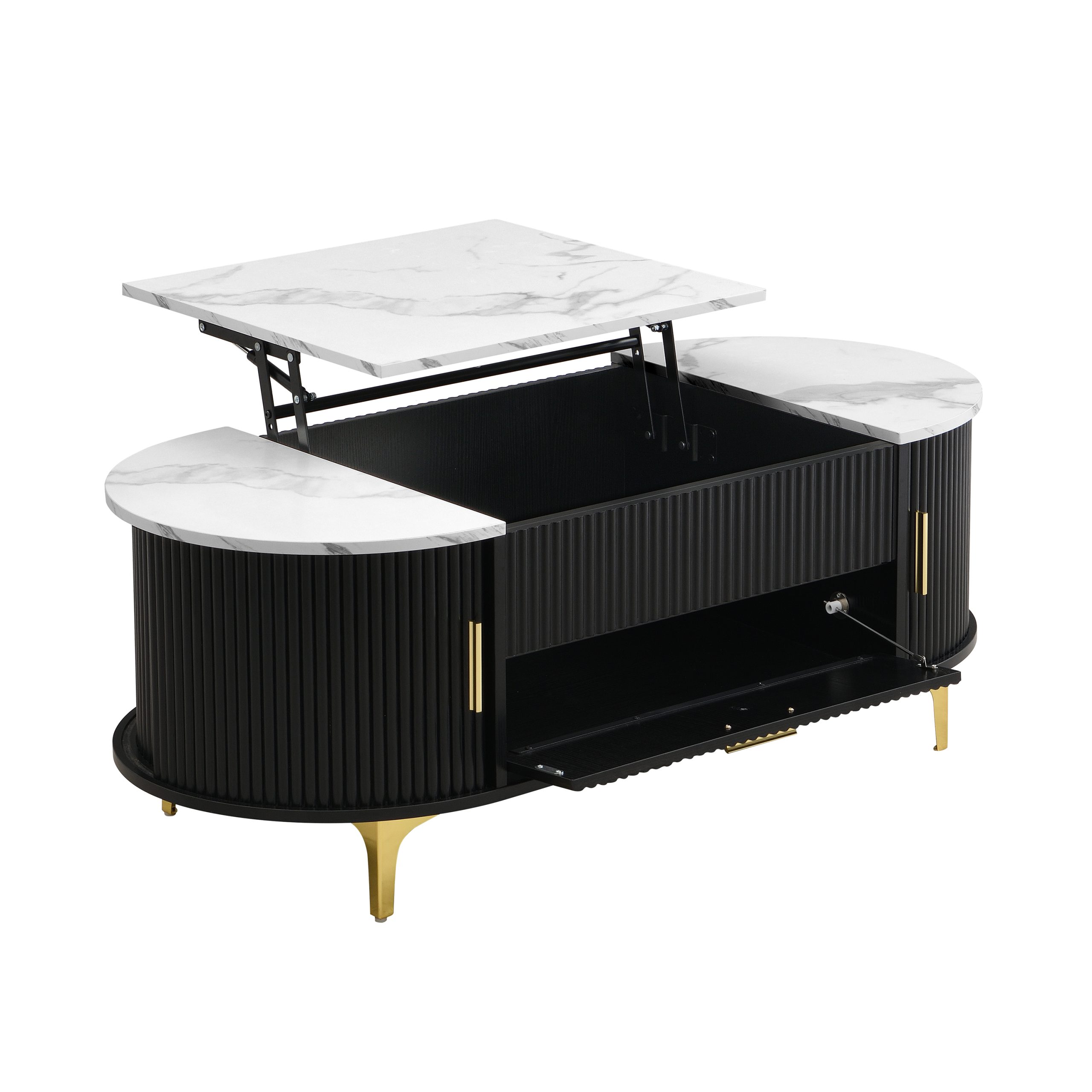 Lift-Top Coffee Table with Storage: Black Oval Base, White Marble Top, Gold Metal Legs, Modern Contemporary Living Room Furniture - Image 6