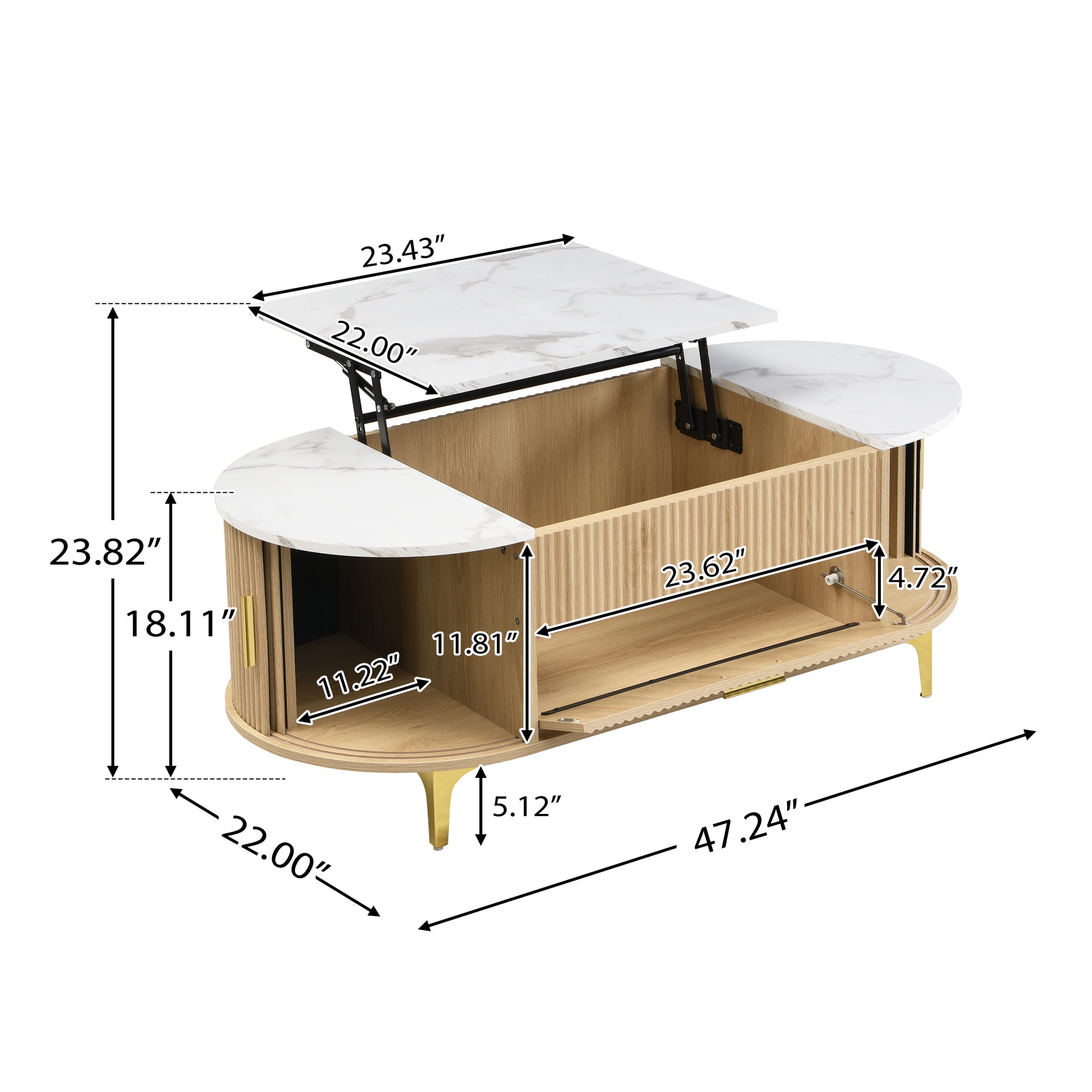 Lift-Top Coffee Table with Storage: Natural Oval Base, White Marble Top, Gold Metal Legs, Modern Contemporary Living Room Furniture - Image 2