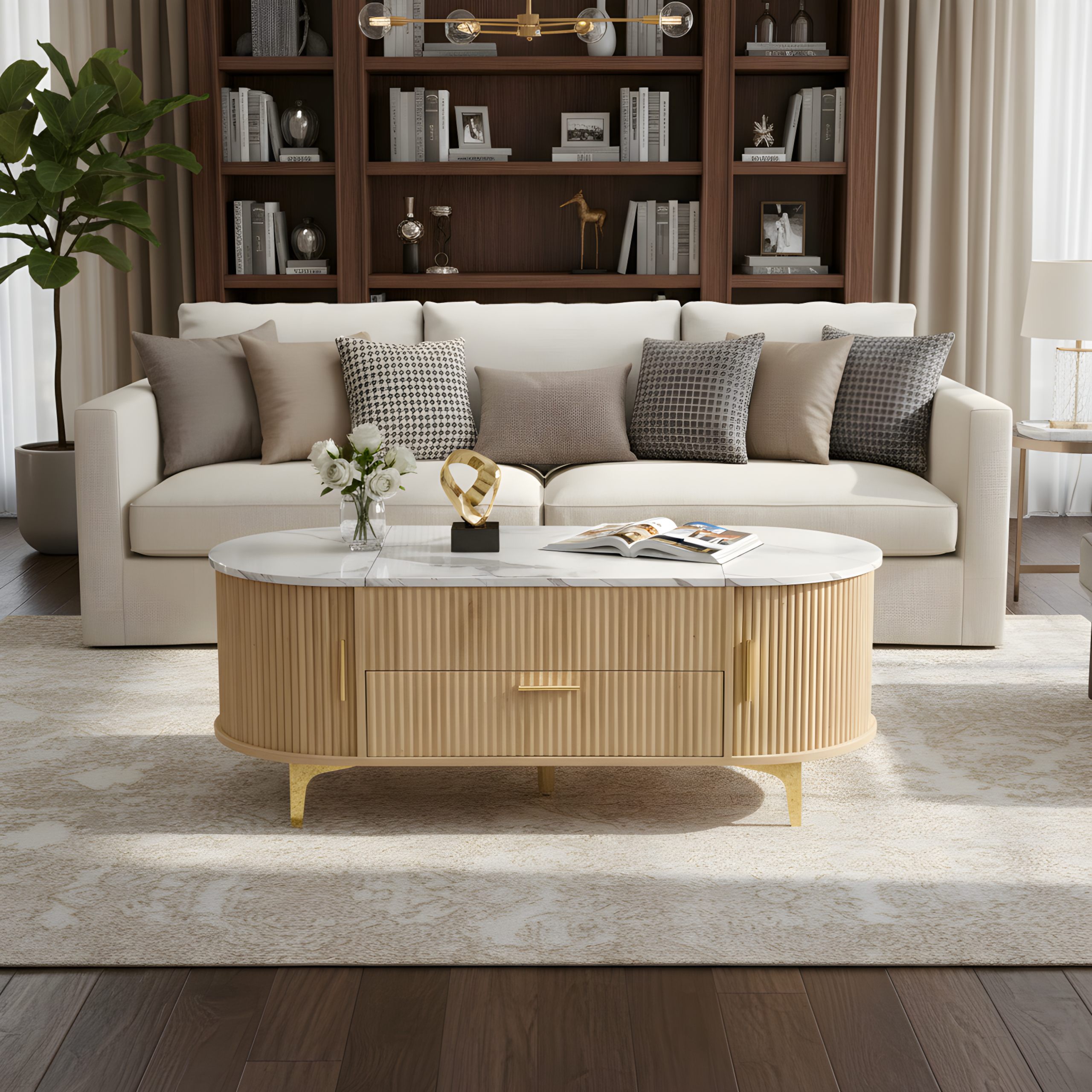 Lift-Top Coffee Table with Storage: Natural Oval Base, White Marble Top, Gold Metal Legs, Modern Contemporary Living Room Furniture - Image 3
