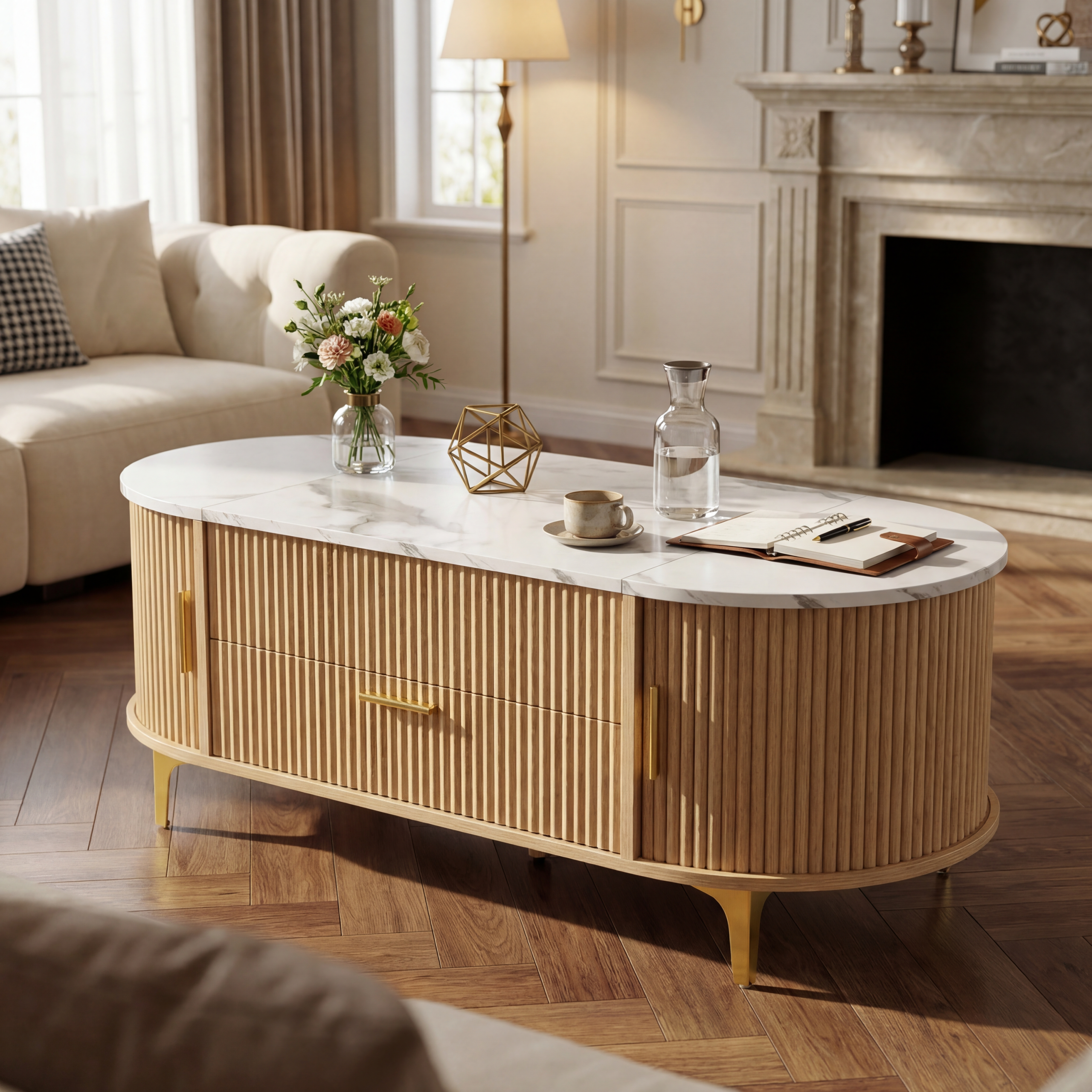 Lift-Top Coffee Table with Storage: Natural Oval Base, White Marble Top, Gold Metal Legs, Modern Contemporary Living Room Furniture - Image 4