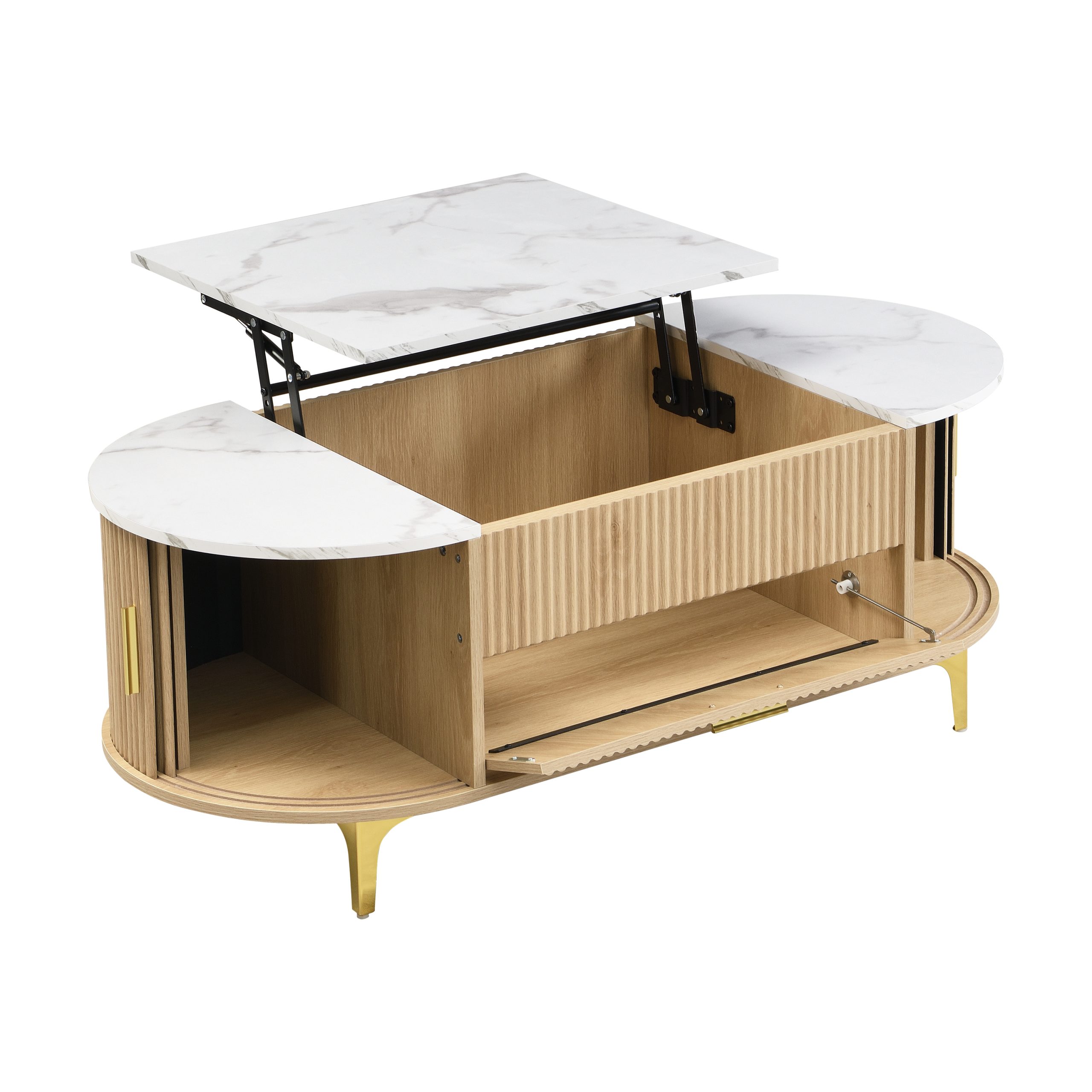 Lift-Top Coffee Table with Storage: Natural Oval Base, White Marble Top, Gold Metal Legs, Modern Contemporary Living Room Furniture - Image 5