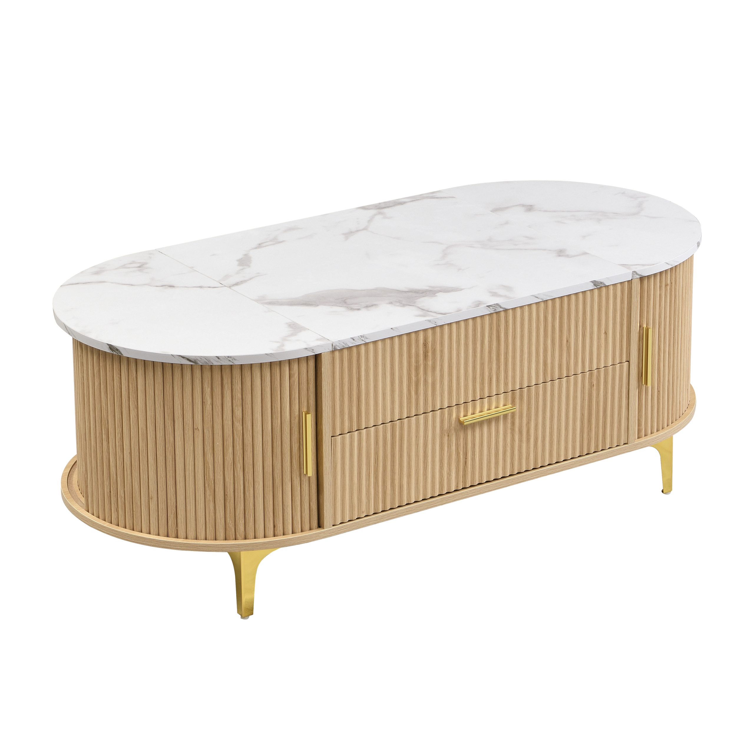 Lift-Top Coffee Table with Storage: Natural Oval Base, White Marble Top, Gold Metal Legs, Modern Contemporary Living Room Furniture - Image 6