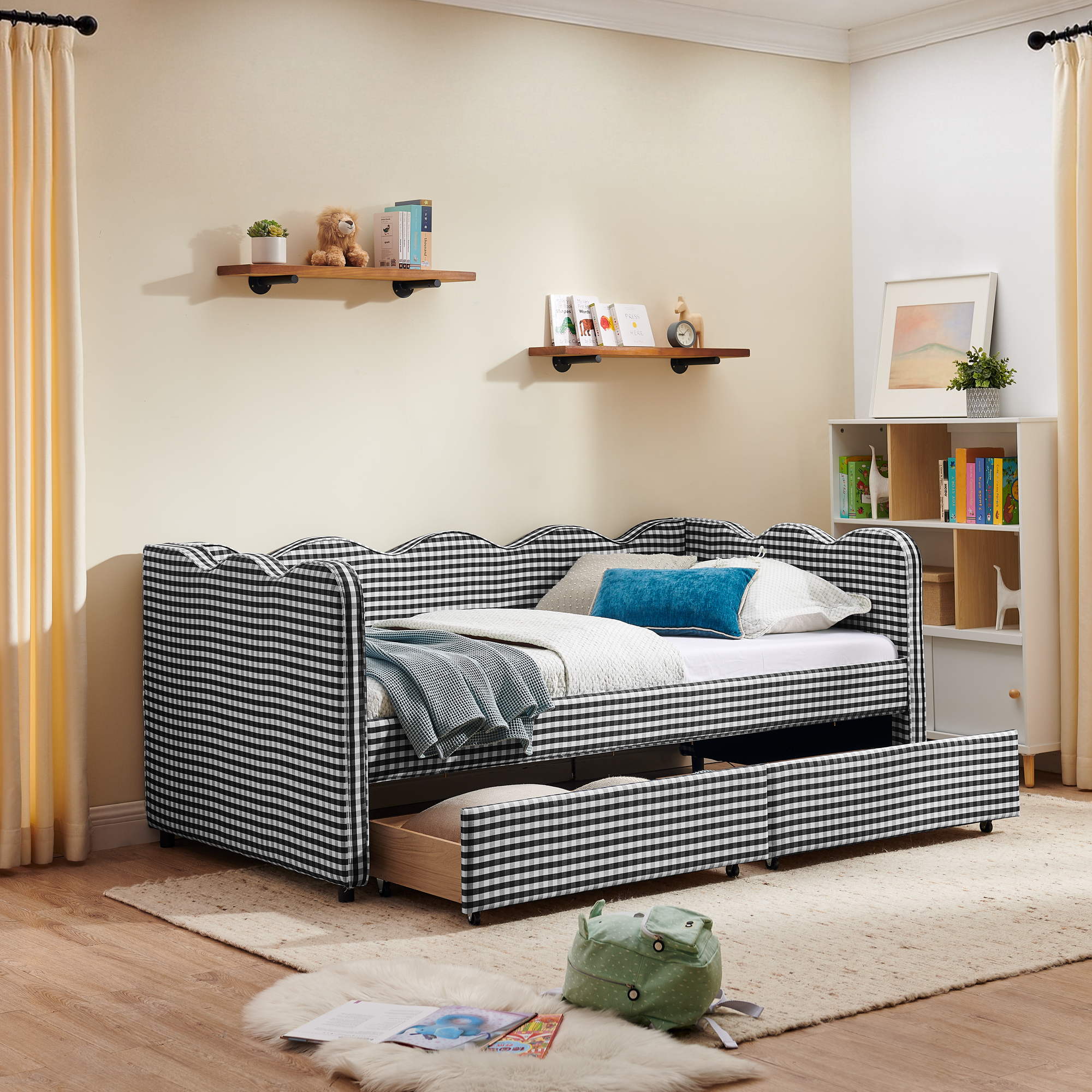 Twin Size Cozy Gingham Daybed with Two Storage Drawers, with USB Port and Adorable Wave Shaped, Linen Fabric - Image 2