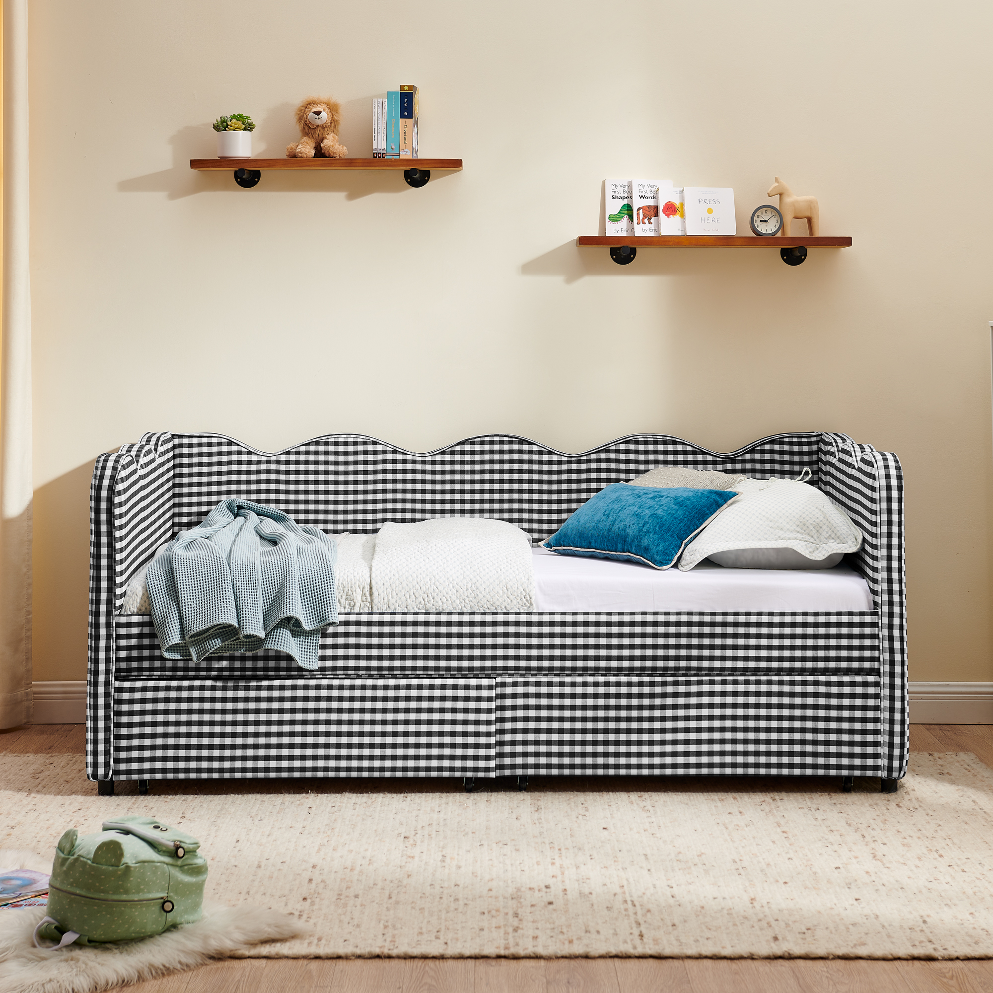 Twin Size Cozy Gingham Daybed with Two Storage Drawers, with USB Port and Adorable Wave Shaped, Linen Fabric - Image 4