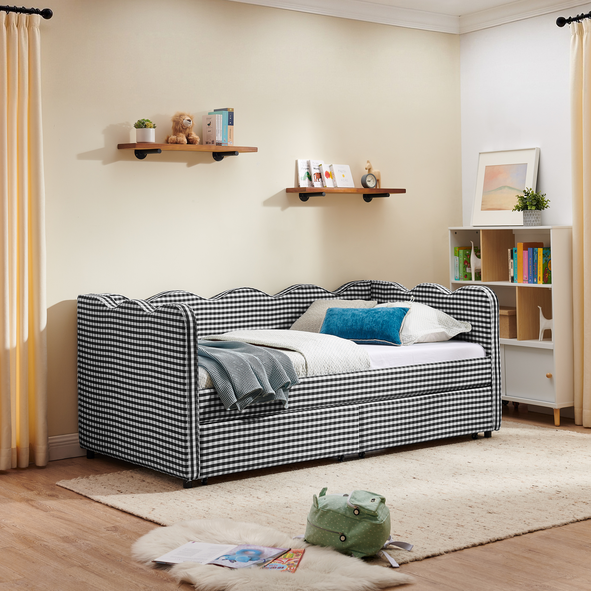 Twin Size Cozy Gingham Daybed with Two Storage Drawers, with USB Port and Adorable Wave Shaped, Linen Fabric - Image 5