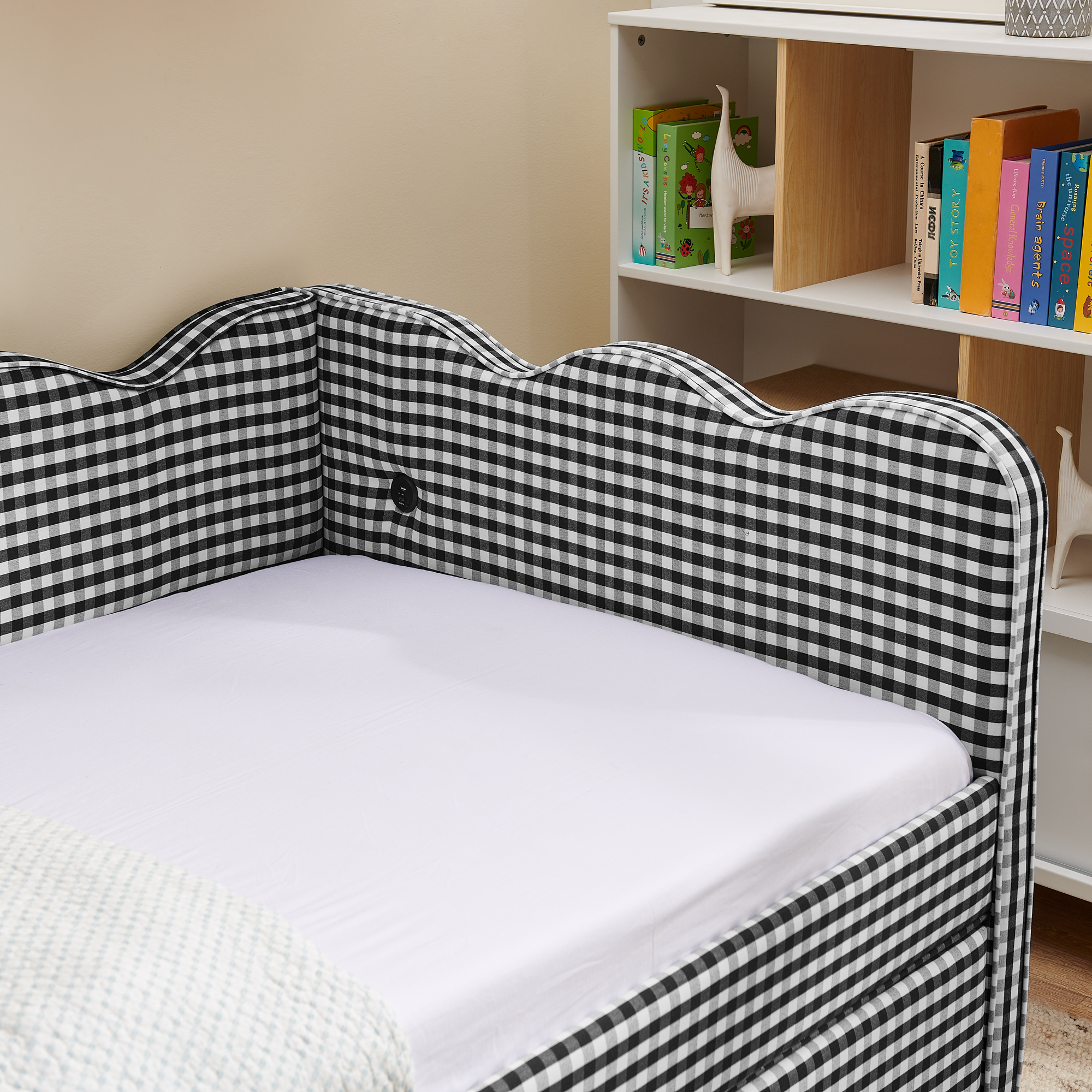 Twin Size Cozy Gingham Daybed with Two Storage Drawers, with USB Port and Adorable Wave Shaped, Linen Fabric - Image 6