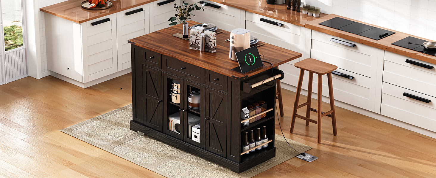 K&K 53'' Farmhouse Kitchen Island with Two Tempered Glass Cabinet Doors, Power Outlet, Rolling Kitchen Cart on Wheels with Drop Leaf, 5 Open Side Racks, 3 Drawers, for Kitchen, Dining Room, Black - Image 2