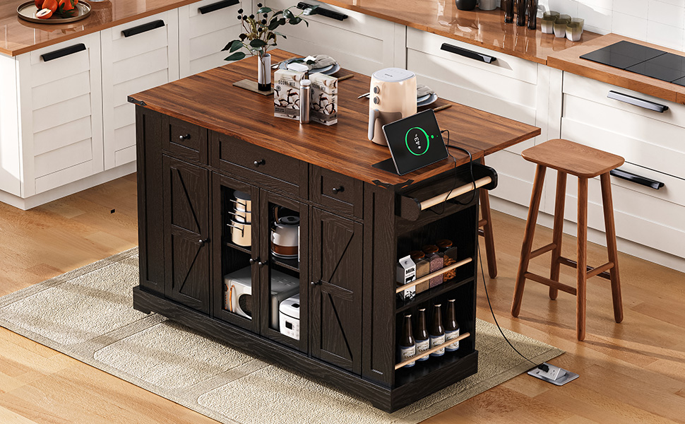 K&K 53'' Farmhouse Kitchen Island with Two Tempered Glass Cabinet Doors, Power Outlet, Rolling Kitchen Cart on Wheels with Drop Leaf, 5 Open Side Racks, 3 Drawers, for Kitchen, Dining Room, Black - Image 3