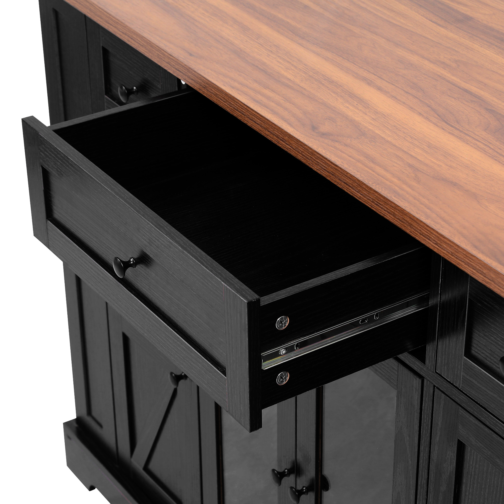 K&K 53'' Farmhouse Kitchen Island with Two Tempered Glass Cabinet Doors, Power Outlet, Rolling Kitchen Cart on Wheels with Drop Leaf, 5 Open Side Racks, 3 Drawers, for Kitchen, Dining Room, Black - Image 6