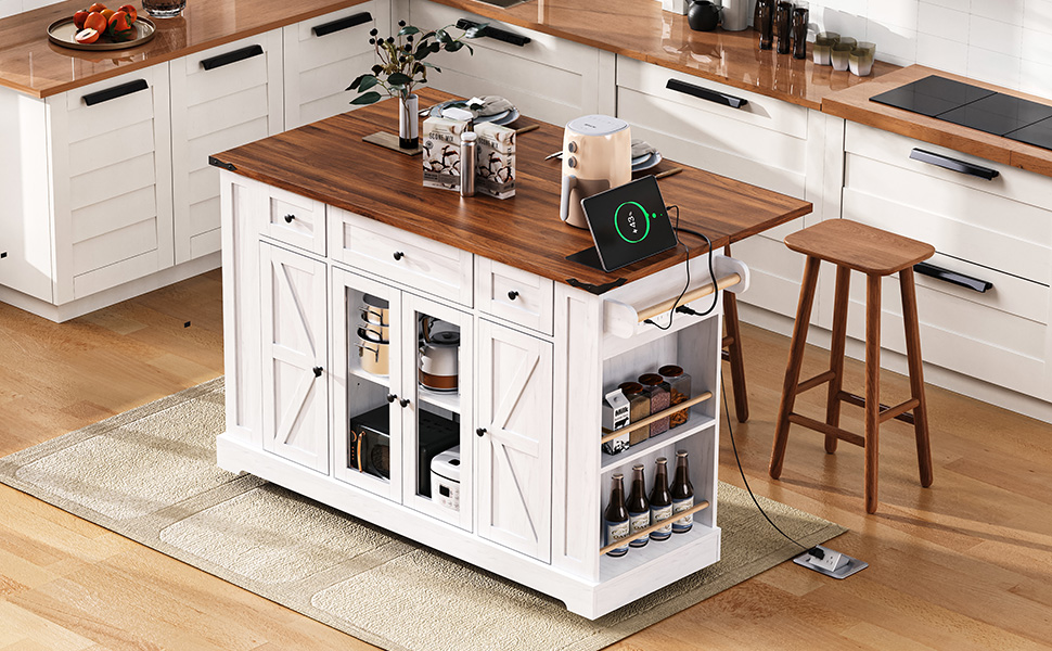 K&K 53'' Farmhouse Kitchen Island with Two Tempered Glass Cabinet Doors, Power Outlet, Rolling Kitchen Cart on Wheels with Drop Leaf, 5 Open Side Racks, 3 Drawers, for Kitchen, Dining Room, White - Image 2