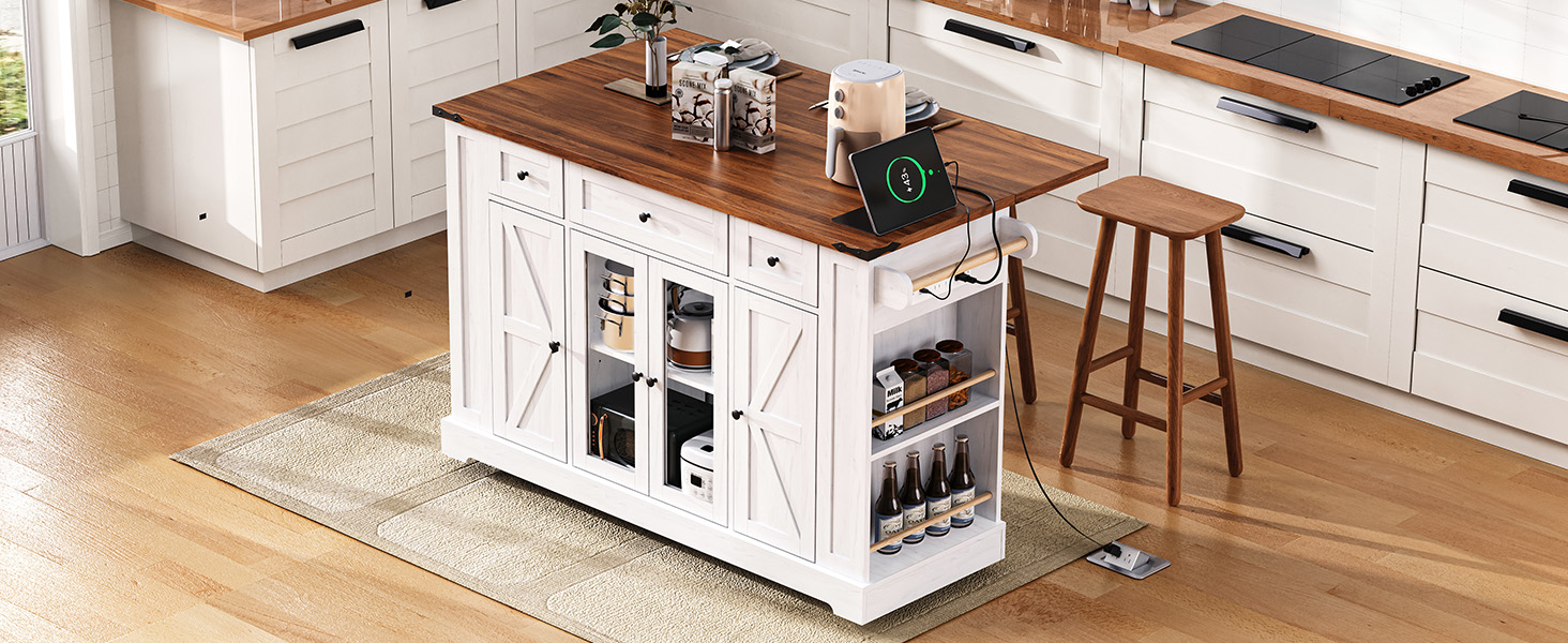 K&K 53'' Farmhouse Kitchen Island with Two Tempered Glass Cabinet Doors, Power Outlet, Rolling Kitchen Cart on Wheels with Drop Leaf, 5 Open Side Racks, 3 Drawers, for Kitchen, Dining Room, White - Image 3
