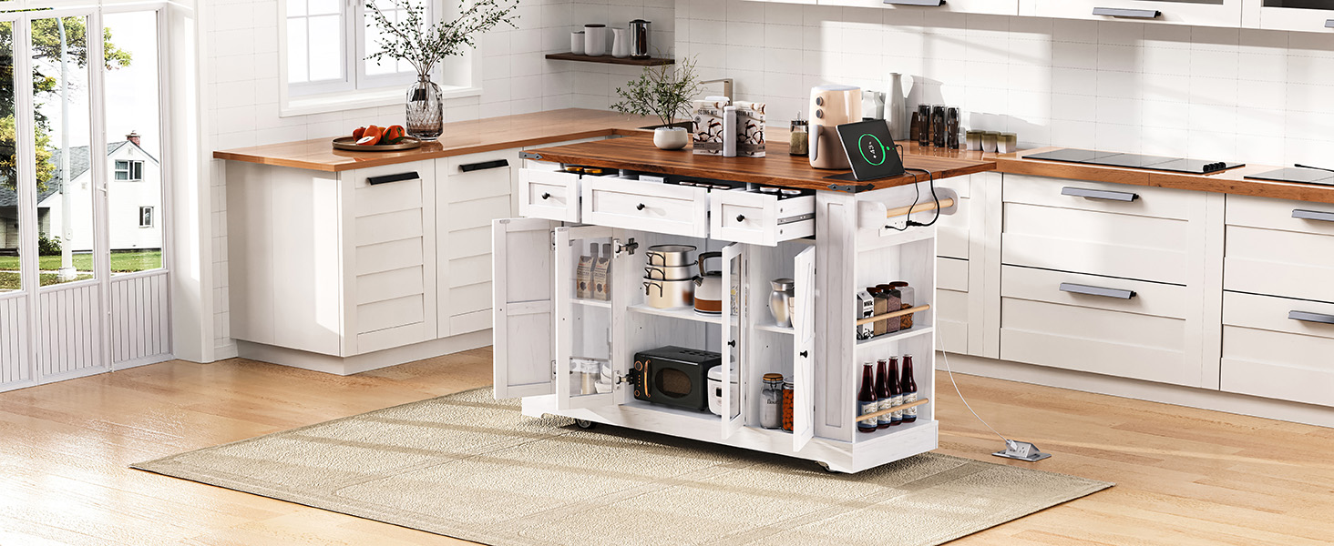 K&K 53'' Farmhouse Kitchen Island with Two Tempered Glass Cabinet Doors, Power Outlet, Rolling Kitchen Cart on Wheels with Drop Leaf, 5 Open Side Racks, 3 Drawers, for Kitchen, Dining Room, White - Image 6