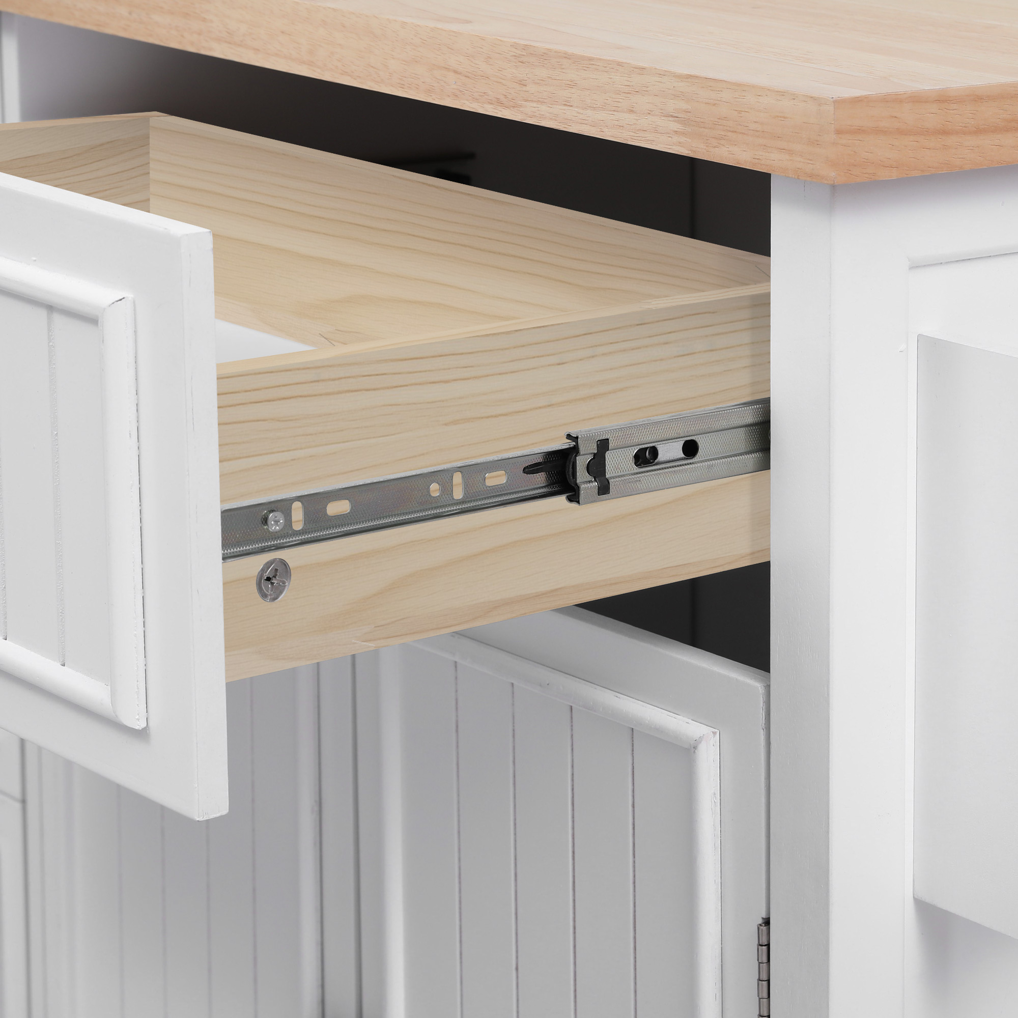 K&K 56.5'' Kitchen Island with Drop Leaf, Power Outlet, Embossed Vertical Stripe Rolling Kitchen Cart on Wheels with 4 Doors , 5 Deep Drawers and Adjustable Shelves, for Kitchen, Dining Room, White - Image 2