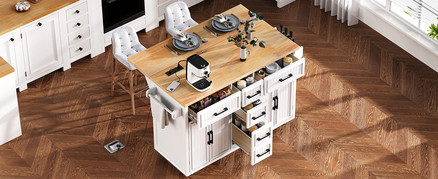K&K 56.5'' Kitchen Island with Drop Leaf, Power Outlet, Embossed Vertical Stripe Rolling Kitchen Cart on Wheels with 4 Doors , 5 Deep Drawers and Adjustable Shelves, for Kitchen, Dining Room, White - Image 3