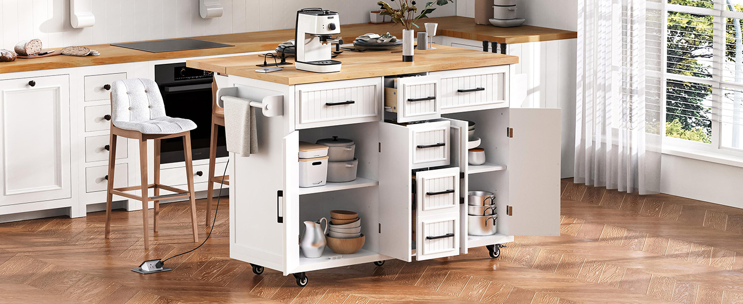 K&K 56.5'' Kitchen Island with Drop Leaf, Power Outlet, Embossed Vertical Stripe Rolling Kitchen Cart on Wheels with 4 Doors , 5 Deep Drawers and Adjustable Shelves, for Kitchen, Dining Room, White - Image 4