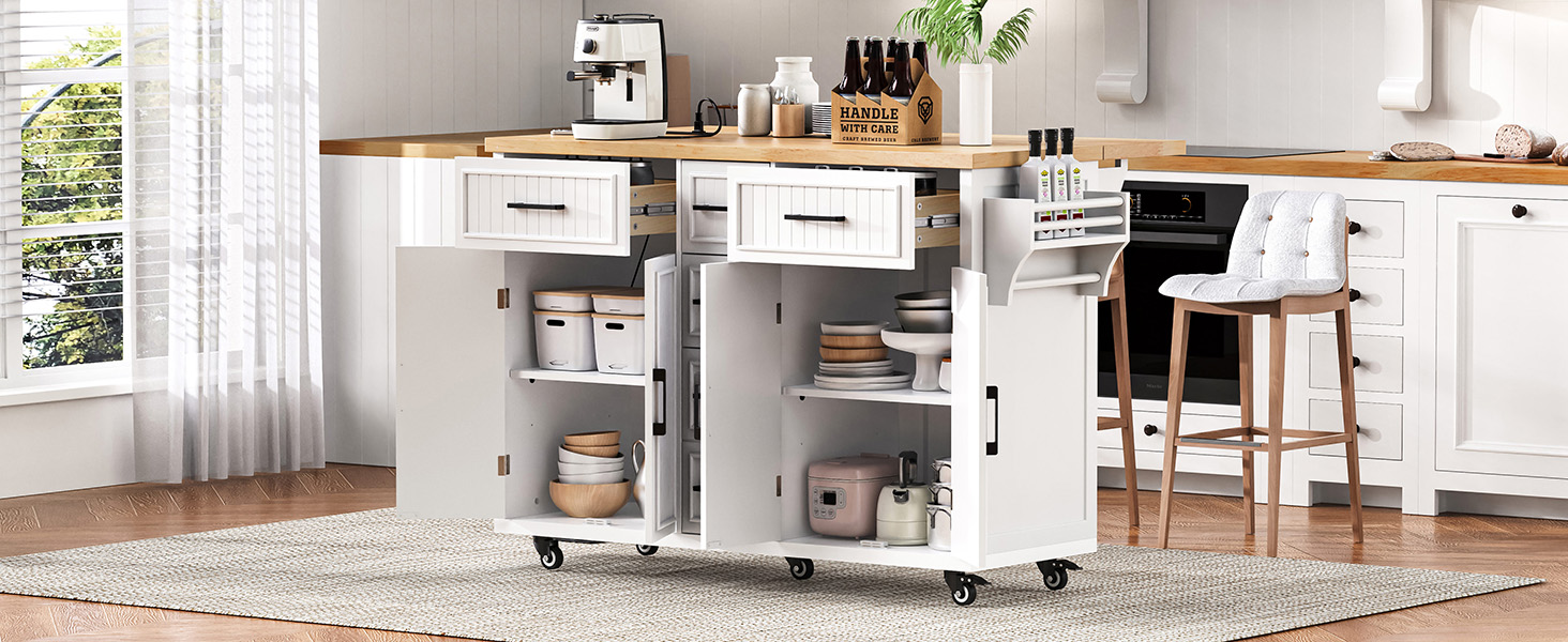 K&K 56.5'' Kitchen Island with Drop Leaf, Power Outlet, Embossed Vertical Stripe Rolling Kitchen Cart on Wheels with 4 Doors , 5 Deep Drawers and Adjustable Shelves, for Kitchen, Dining Room, White - Image 5