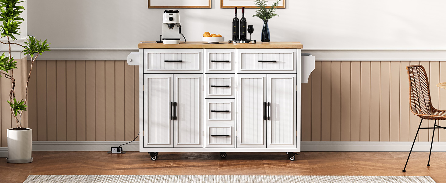 K&K 56.5'' Kitchen Island with Drop Leaf, Power Outlet, Embossed Vertical Stripe Rolling Kitchen Cart on Wheels with 4 Doors , 5 Deep Drawers and Adjustable Shelves, for Kitchen, Dining Room, White - Image 6