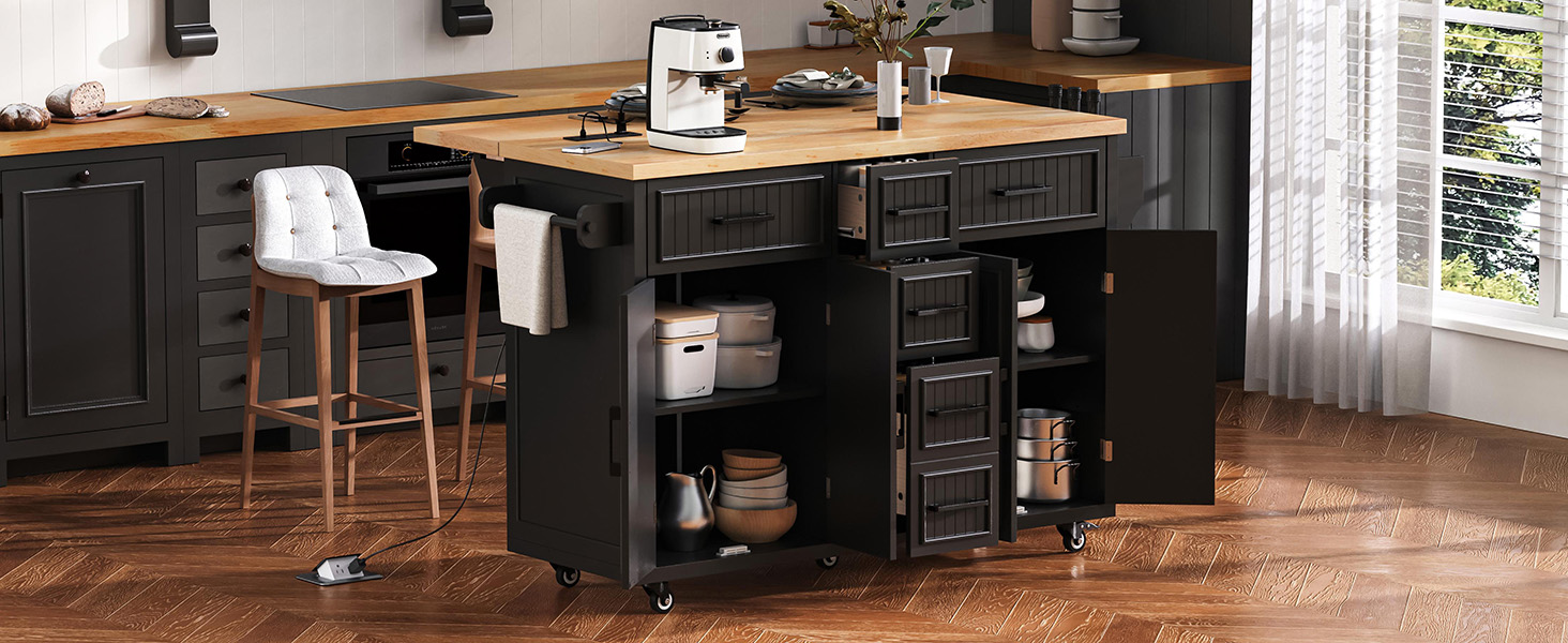 K&K 56.5'' Kitchen Island with Drop Leaf, Power Outlet, Embossed Vertical Stripe Rolling Kitchen Cart on Wheels with 4 Doors , 5 Deep Drawers and Adjustable Shelves, for Kitchen, Dining Room, Black - Image 2