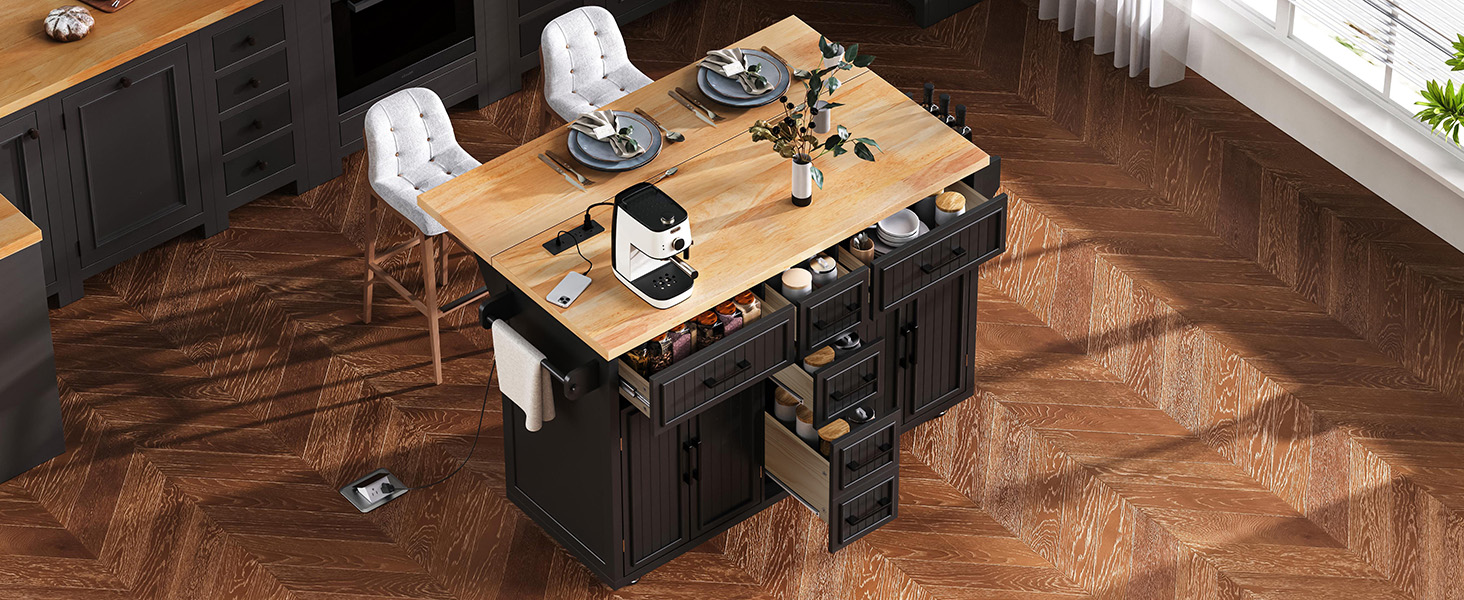 K&K 56.5'' Kitchen Island with Drop Leaf, Power Outlet, Embossed Vertical Stripe Rolling Kitchen Cart on Wheels with 4 Doors , 5 Deep Drawers and Adjustable Shelves, for Kitchen, Dining Room, Black - Image 3