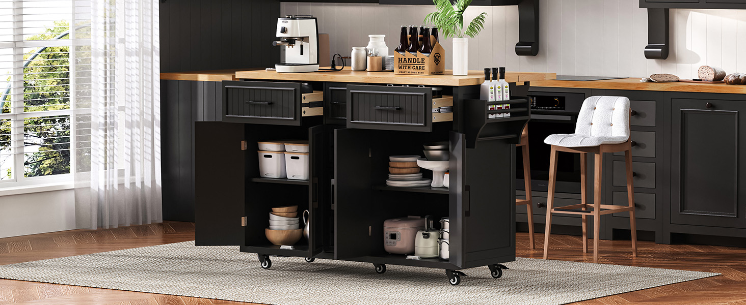 K&K 56.5'' Kitchen Island with Drop Leaf, Power Outlet, Embossed Vertical Stripe Rolling Kitchen Cart on Wheels with 4 Doors , 5 Deep Drawers and Adjustable Shelves, for Kitchen, Dining Room, Black - Image 4