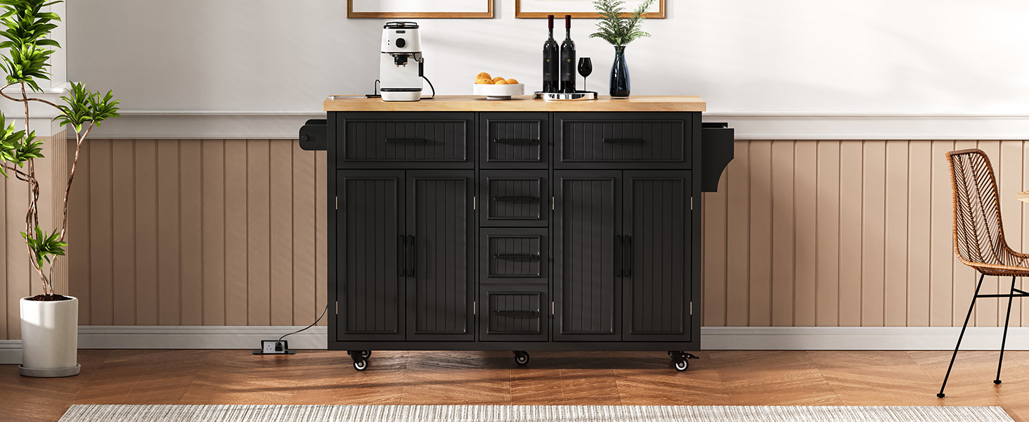 K&K 56.5'' Kitchen Island with Drop Leaf, Power Outlet, Embossed Vertical Stripe Rolling Kitchen Cart on Wheels with 4 Doors , 5 Deep Drawers and Adjustable Shelves, for Kitchen, Dining Room, Black - Image 5