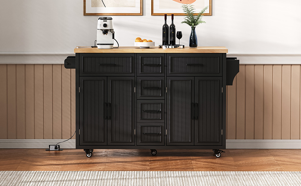 K&K 56.5'' Kitchen Island with Drop Leaf, Power Outlet, Embossed Vertical Stripe Rolling Kitchen Cart on Wheels with 4 Doors , 5 Deep Drawers and Adjustable Shelves, for Kitchen, Dining Room, Black - Image 6