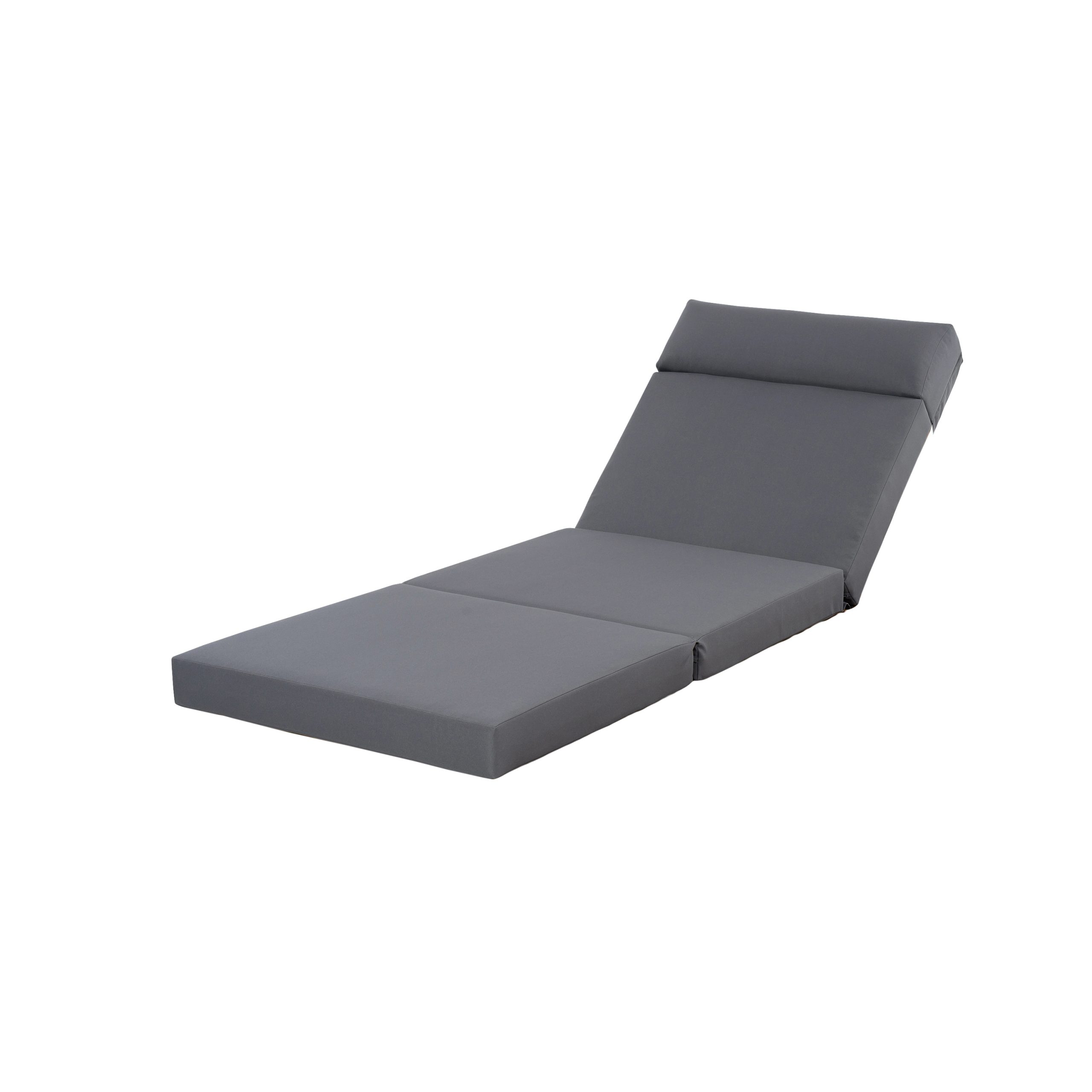 OUTDOOR FURNITURE RECLINING CHAIR CUSHIONS WITH HEADREST, HIGH-DENSITY FOAM CHAIR CUSHION WITH TIES, WEATHER RESISTANT – PATIO RECLINER CHAIRS CUSHIONS FOR LAWN, POOL & BEACH, DARK GREY 3-FOLD DESIGN