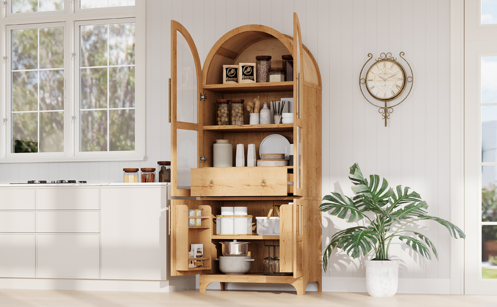 K&K 71" Tall Arched Kitchen Pantry Cabinet with Door Shelves, Farmhouse Kitchen Storage Cabinet with Open & Adjustable Shelves, Hidden Drawer & Glass Door, Cupboard for Kitchen, Dining Room, Natural - Image 2