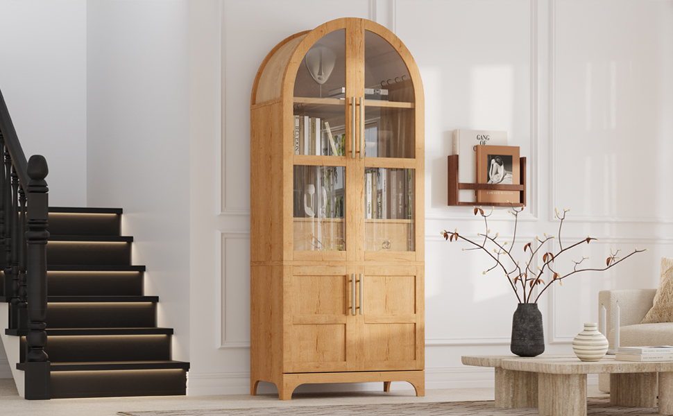 K&K 71" Tall Arched Kitchen Pantry Cabinet with Door Shelves, Farmhouse Kitchen Storage Cabinet with Open & Adjustable Shelves, Hidden Drawer & Glass Door, Cupboard for Kitchen, Dining Room, Natural - Image 3