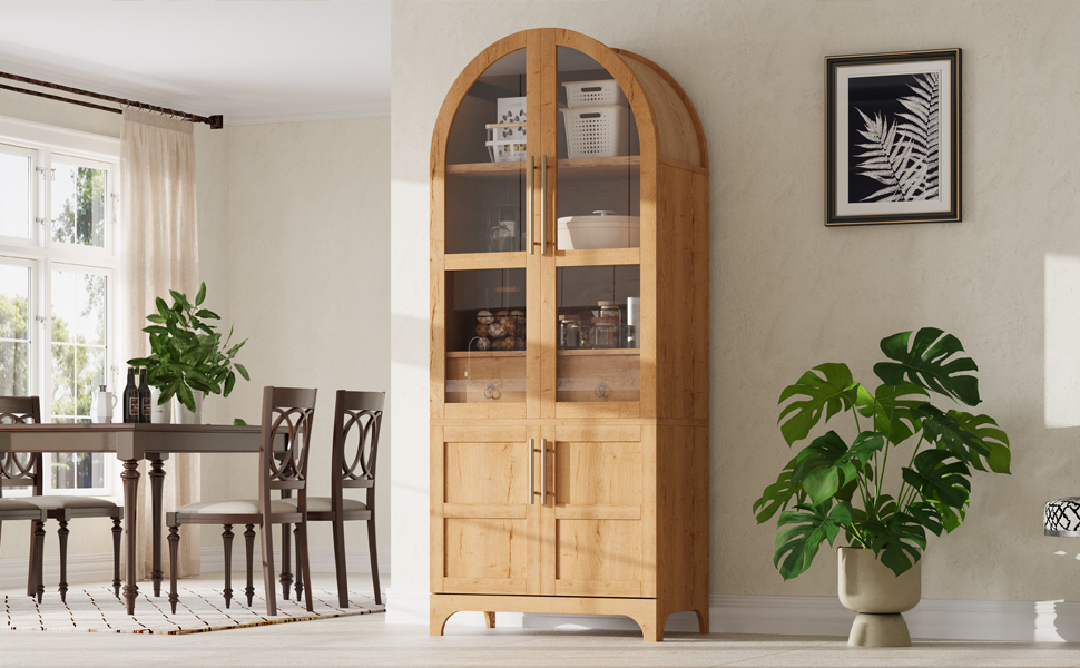K&K 71" Tall Arched Kitchen Pantry Cabinet with Door Shelves, Farmhouse Kitchen Storage Cabinet with Open & Adjustable Shelves, Hidden Drawer & Glass Door, Cupboard for Kitchen, Dining Room, Natural - Image 5