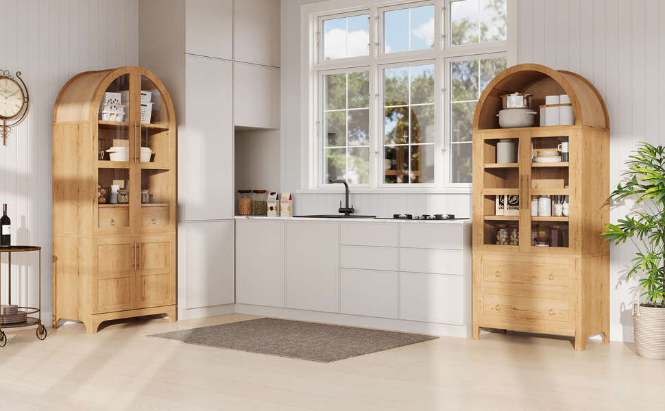 K&K 71" Tall Arched Kitchen Pantry Cabinet with Door Shelves, Farmhouse Kitchen Storage Cabinet with Open & Adjustable Shelves, Hidden Drawer & Glass Door, Cupboard for Kitchen, Dining Room, Natural - Image 4