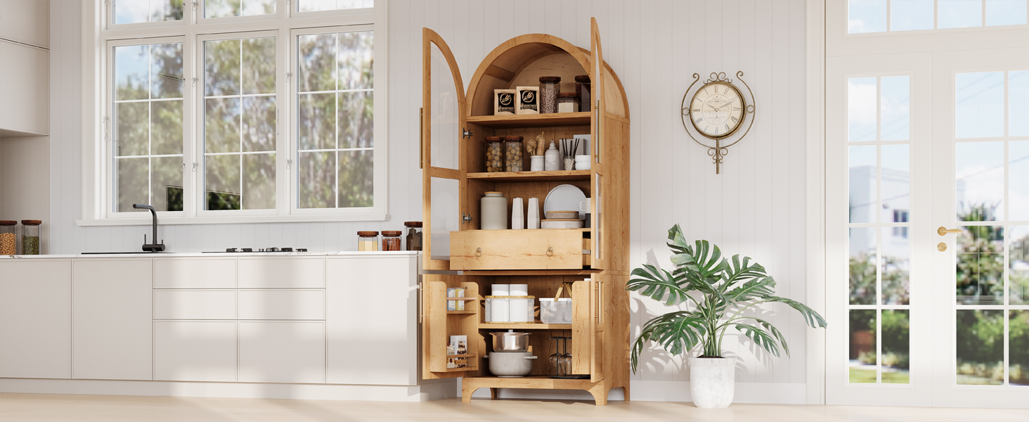 K&K 71" Tall Arched Kitchen Pantry Cabinet with Door Shelves, Farmhouse Kitchen Storage Cabinet with Open & Adjustable Shelves, Hidden Drawer & Glass Door, Cupboard for Kitchen, Dining Room, Natural - Image 6