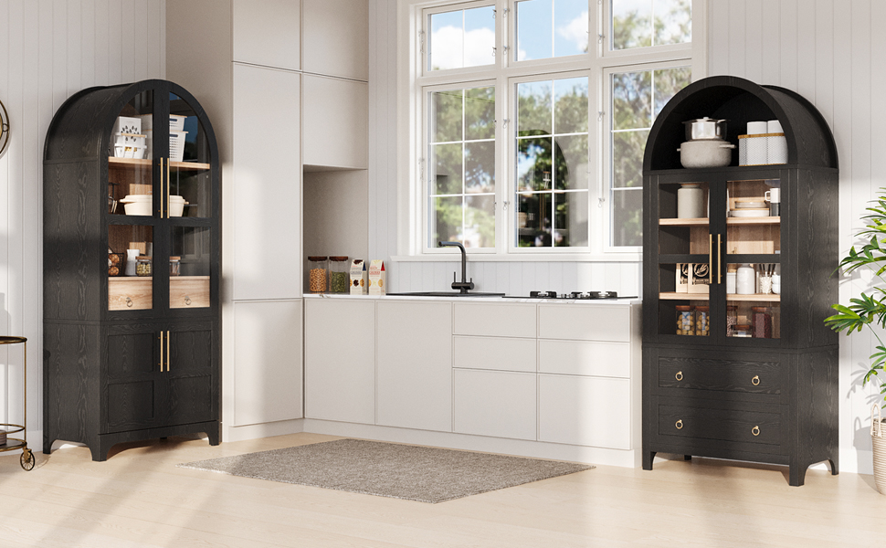 K&K 71" Tall Arched Kitchen Pantry Cabinet with Door Shelves, Farmhouse Kitchen Storage Cabinet with Open & Adjustable Shelves, Hidden Drawer & Glass Door, Cupboard for Kitchen, Dining Room, Black - Image 2