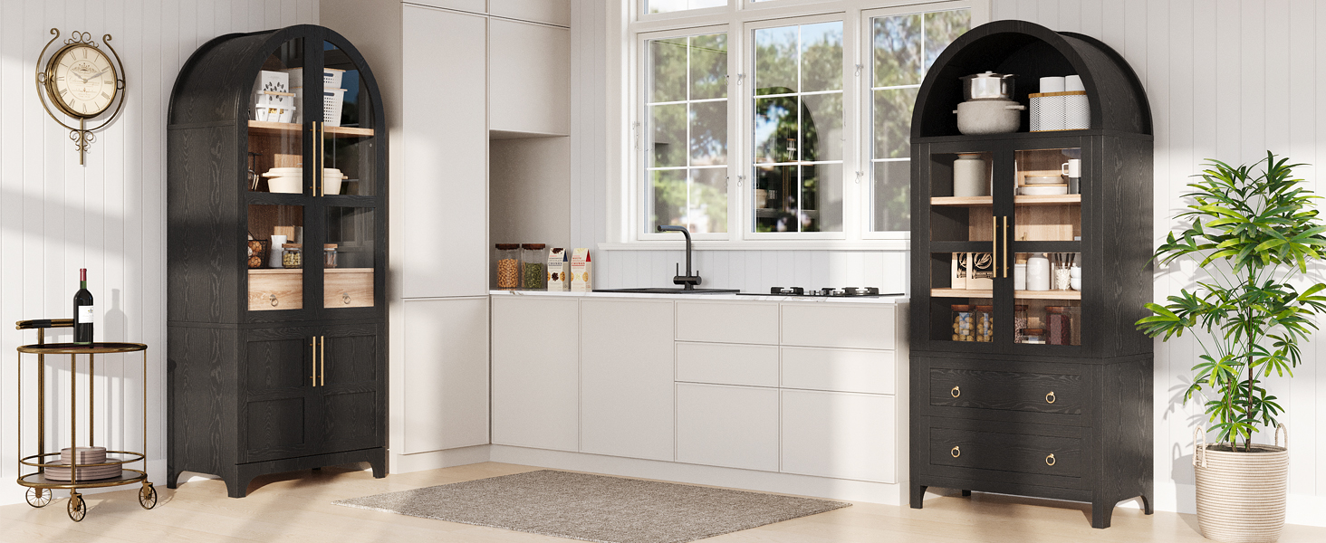 K&K 71" Tall Arched Kitchen Pantry Cabinet with Door Shelves, Farmhouse Kitchen Storage Cabinet with Open & Adjustable Shelves, Hidden Drawer & Glass Door, Cupboard for Kitchen, Dining Room, Black - Image 3