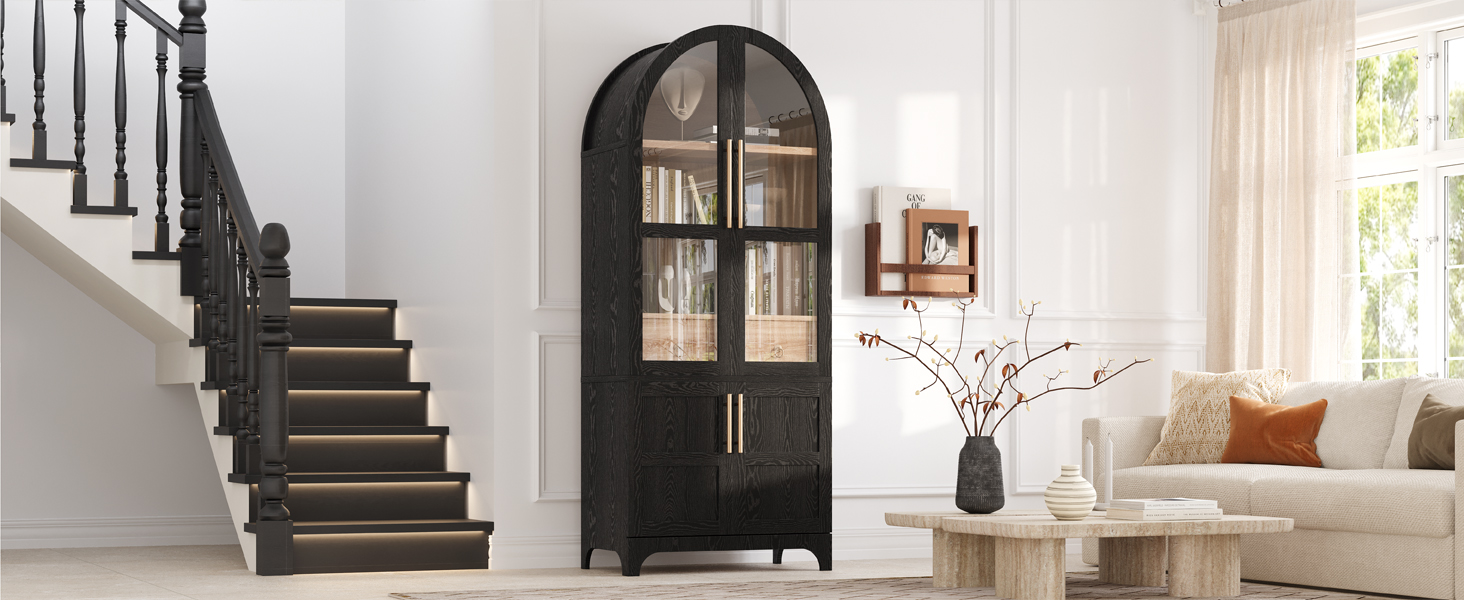 K&K 71" Tall Arched Kitchen Pantry Cabinet with Door Shelves, Farmhouse Kitchen Storage Cabinet with Open & Adjustable Shelves, Hidden Drawer & Glass Door, Cupboard for Kitchen, Dining Room, Black - Image 5