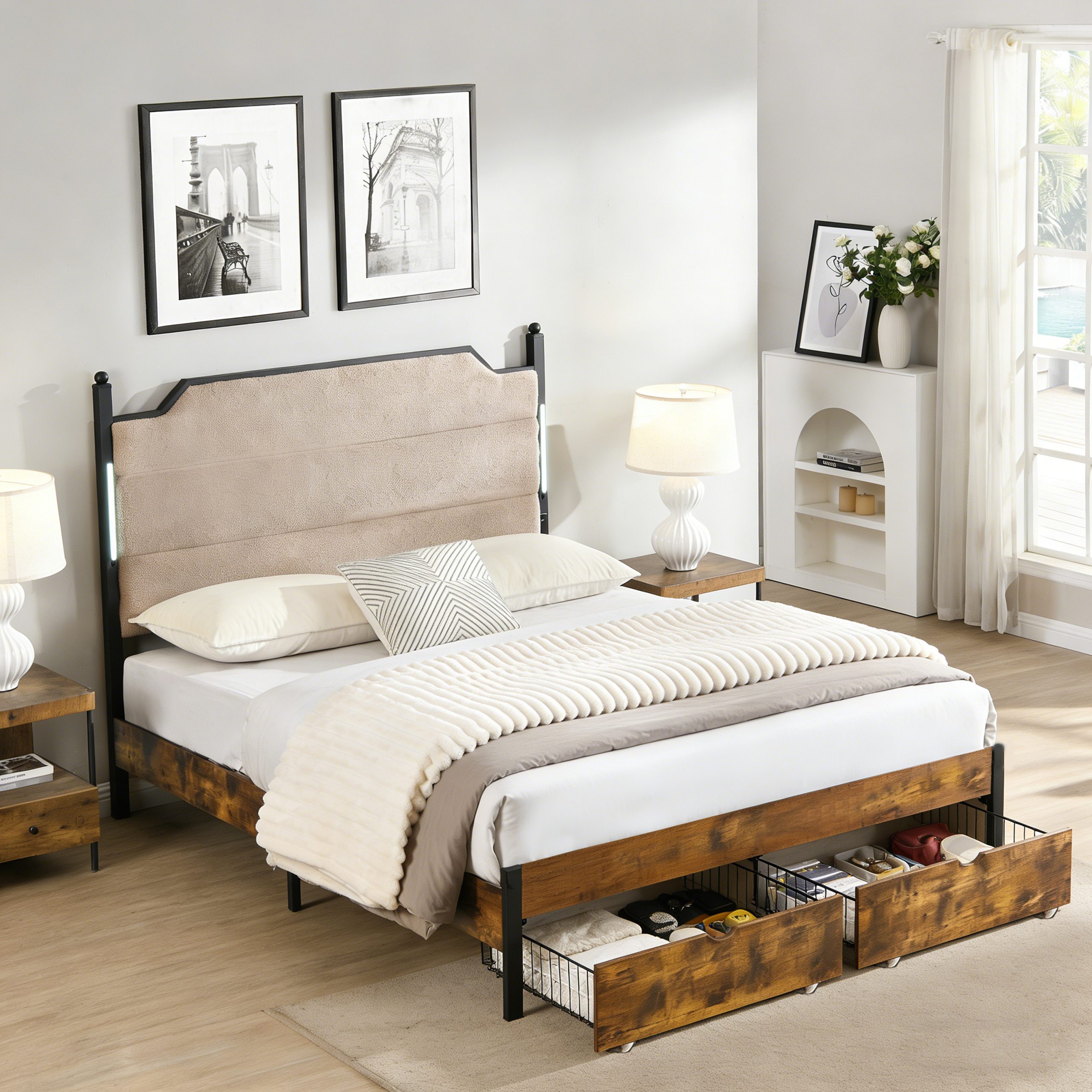 Queen Bed Frame , Upholstered headboard with Charging and Touch sensitive LED Lights, Under Bed Storage,2 Drawers, No Box Spring Needed,Noise Free - Image 2