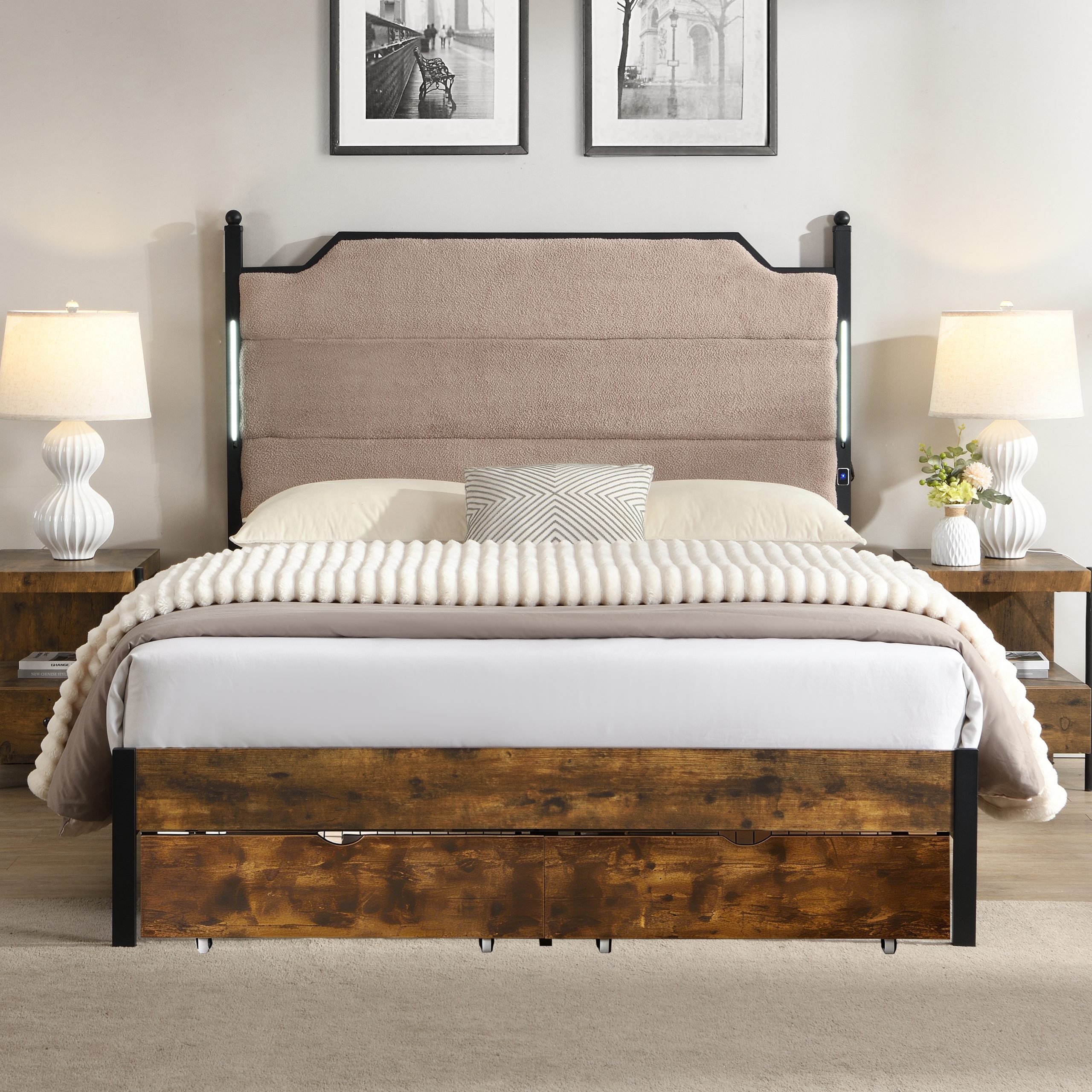 Queen Bed Frame , Upholstered headboard with Charging and Touch sensitive LED Lights, Under Bed Storage,2 Drawers, No Box Spring Needed,Noise Free - Image 3