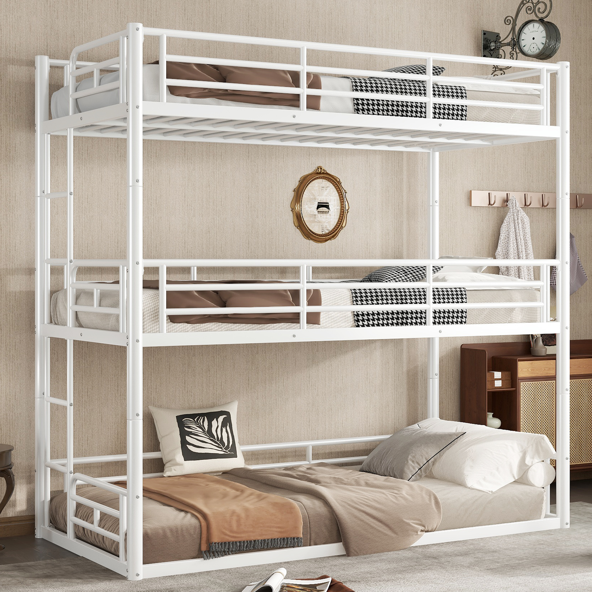 Twin over Twin over Twin Bunk Bed, Metal Triple Bunk Bed with Safety Guardrails, Heavy-duty Bunk Bed with Noise-reduced Design, White