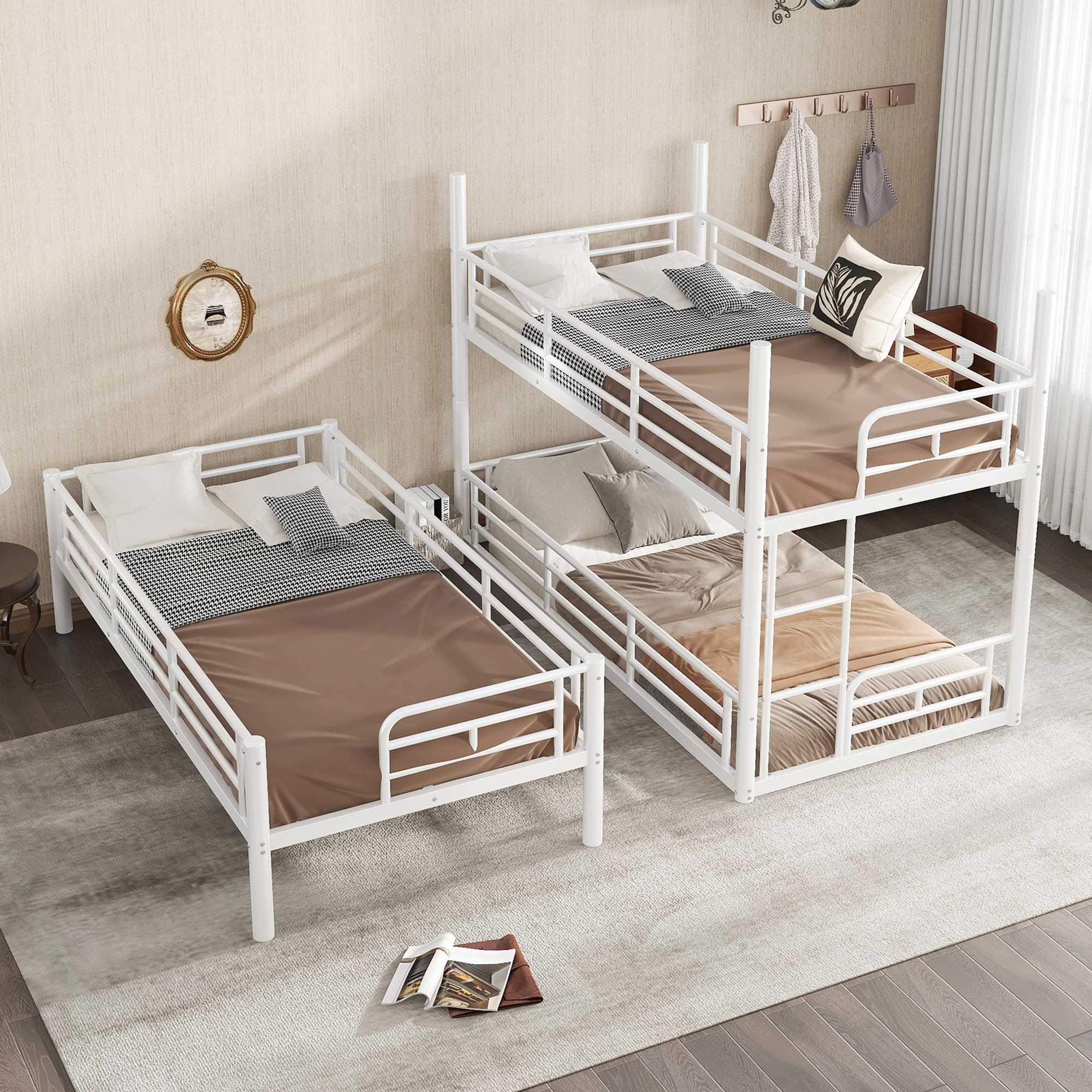 Twin over Twin over Twin Bunk Bed, Metal Triple Bunk Bed with Safety Guardrails, Heavy-duty Bunk Bed with Noise-reduced Design, White - Image 2